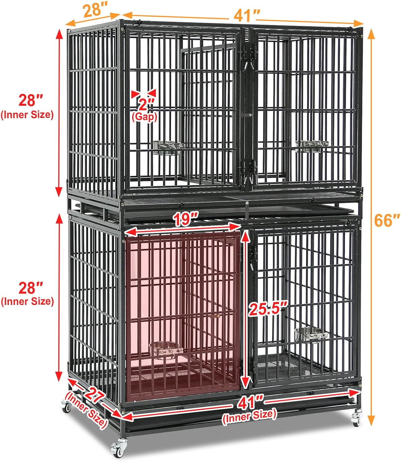 Homey Pet Taller 43" Heavy Duty Double Dog Crates with Divider & Dual Door | Drop Cage for Dogs with Lockable Wheels, Bowls, Removable Tray, Top Access, Ideal for Small to Medium & Large Dogs, Breeders