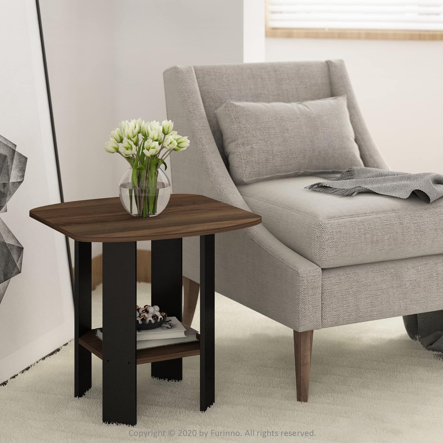 Furinno SIMPLE DESIGN Side Table, 2-Tier Modern End Table with Soft Edges, Open Shelves Night Stand, Bedside Table, for Living Room, Bedroom, French Oak