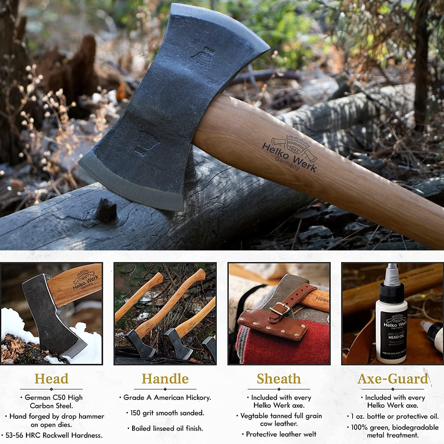 1844 Helko Werk Germany Traditional Hessen Woodworker Felling Axe (13563) | Made in Germany Hand Forged Felling Axe and Cutting Forest Axe for Felling Trees Head 2-3/4 lbs, Handle 28 inches