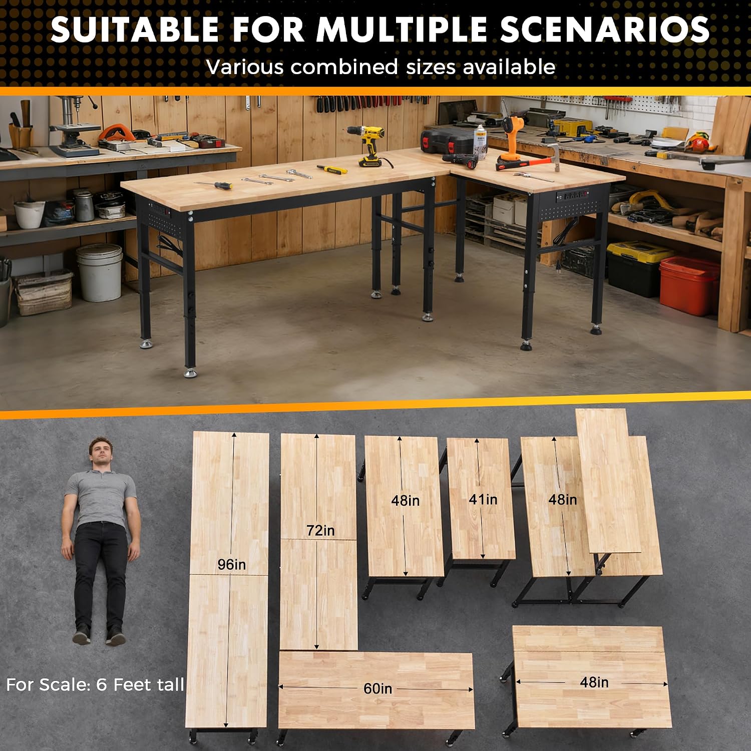 48" Adjustable Rubberwood Workbench with Foldable Extension Board & Power Outlet, Extra Large 48x32In 9-Level Height 27"-37", 2000 LBS Heavy Duty for Workshop Garage Office Home