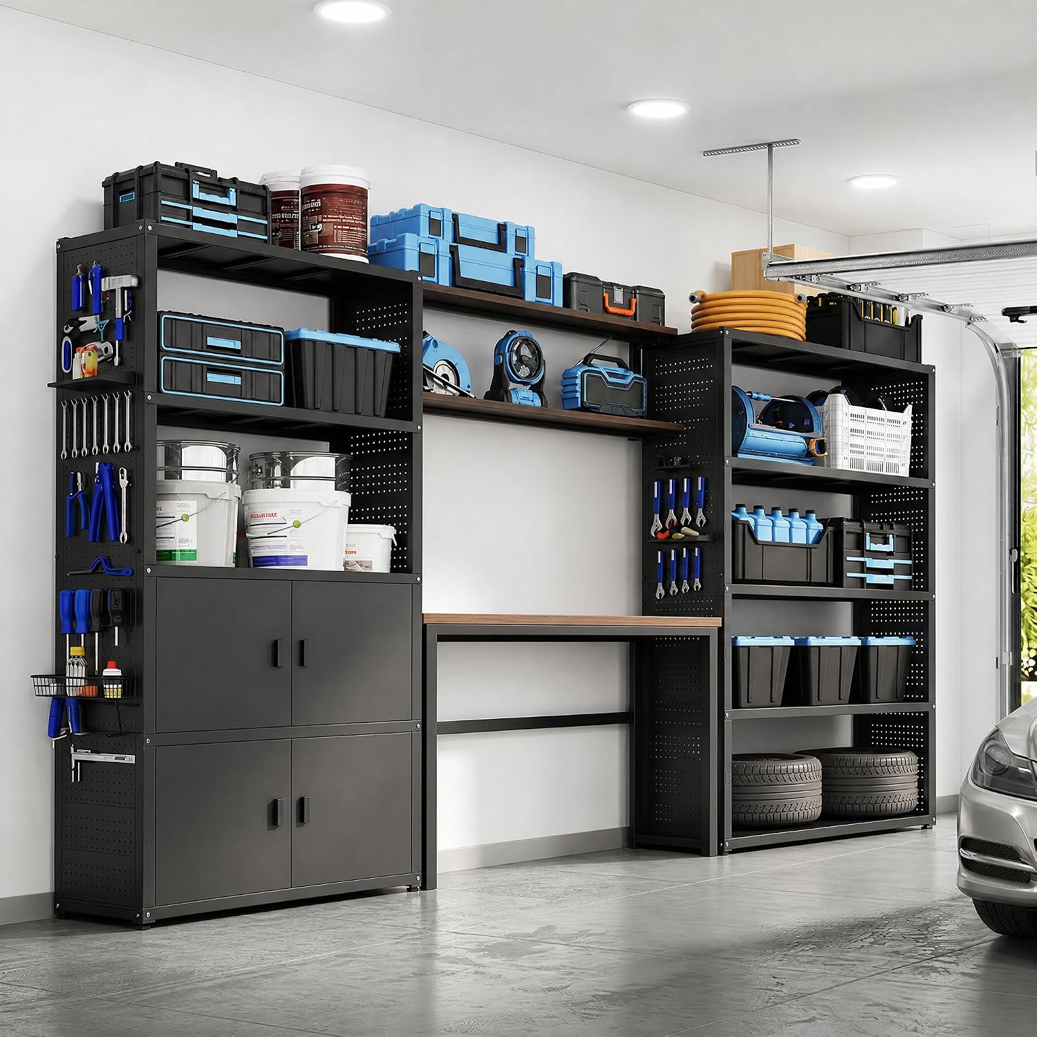 FLEXIMOUNTS 117"W Modular Garage Storage Cabinet with Workbench, Black | 6 Doors, 3700lbs capacity, Metal board shelf includes pegboard, 3-in-1 metal tool cabinet, 24-gauge steel, FLEXIMOD Series