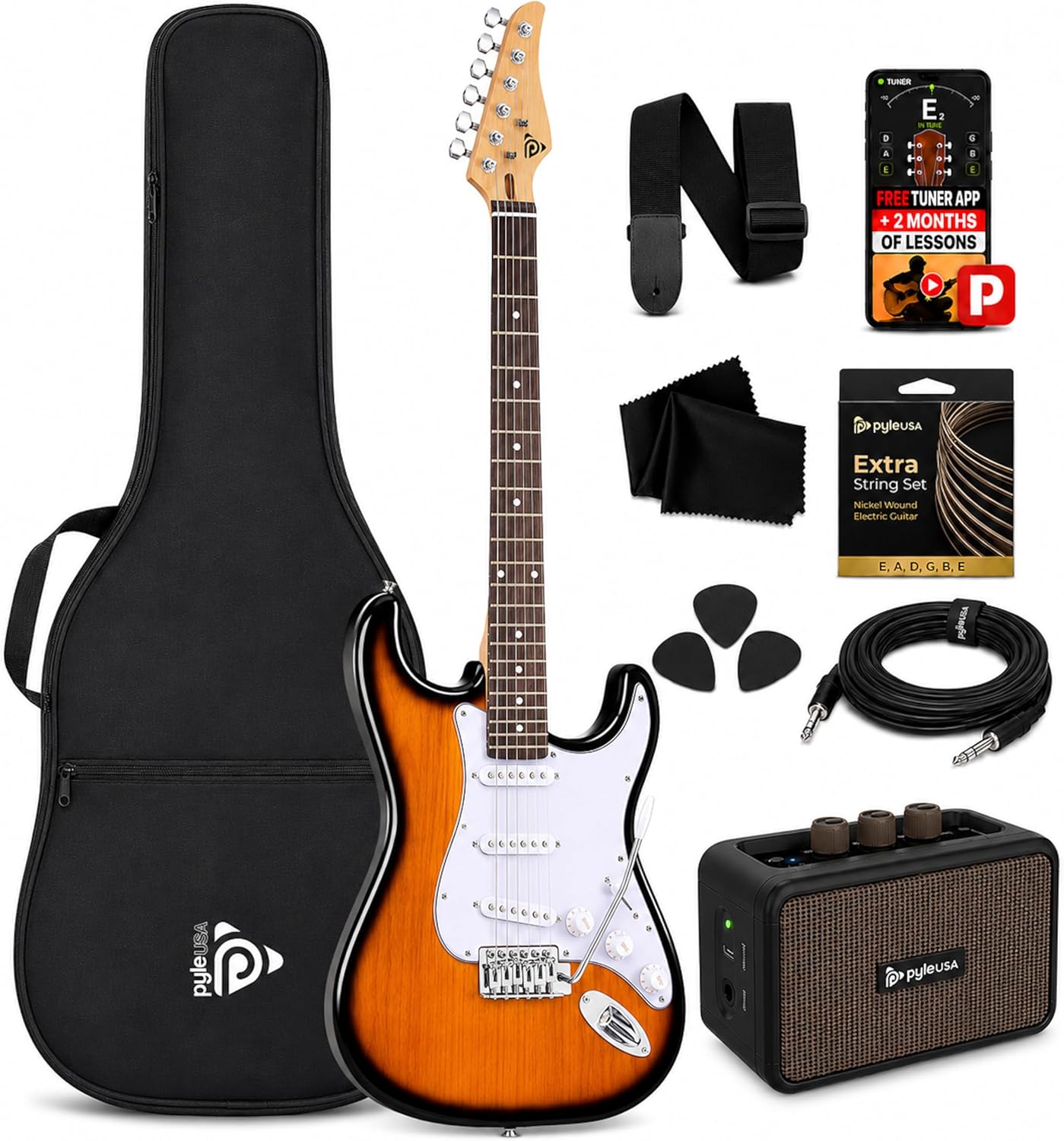 Pyle Electric Guitar and Amp Kit - Full Size 39" Complete Starter Kit with Wearable Bluetooth Amplifier, 1/4” Cable, Carry Case, Strap, Strings, Picks, Cleaning Cloth, ST-Style Pickups (Black)