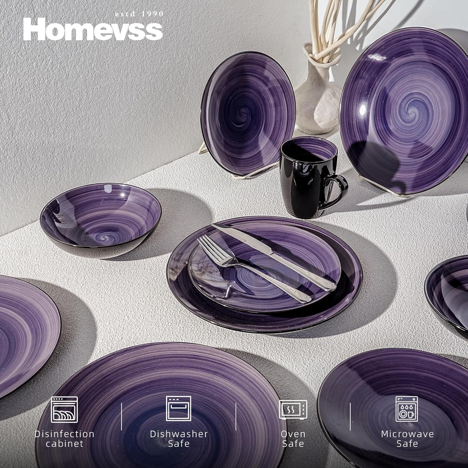 HomeVss, Sonoma Stoneware Dinnerware Set, Outside Black + Inside Hand Painting Color (16pc Set, Grey)