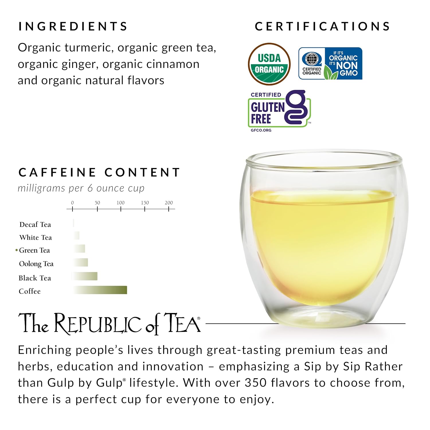 The Republic of Tea Organic Turmeric Ginger Green Tea, Low Caffeine, 50 Ct | A gentle cup for everyday sipping. Fresh and lightly vegetal with notes of warming spice and sweet cinnamon.