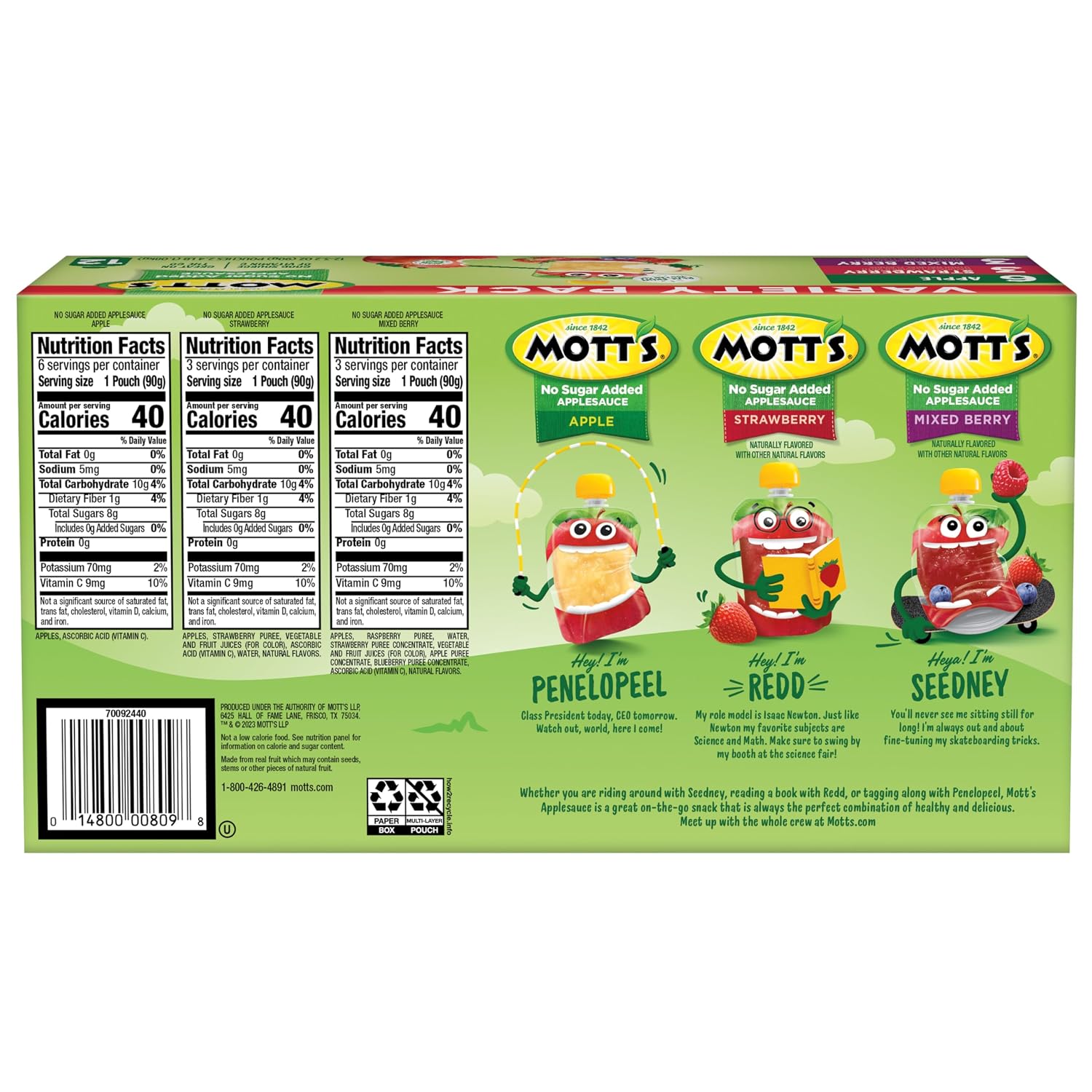 Mott's No Sugar Added Strawberry Applesauce, 3.2 Oz Clear Pouches, 48 Count (4 Packs Of 12), Good Source Of Vitamin C, No Artificial Flavors