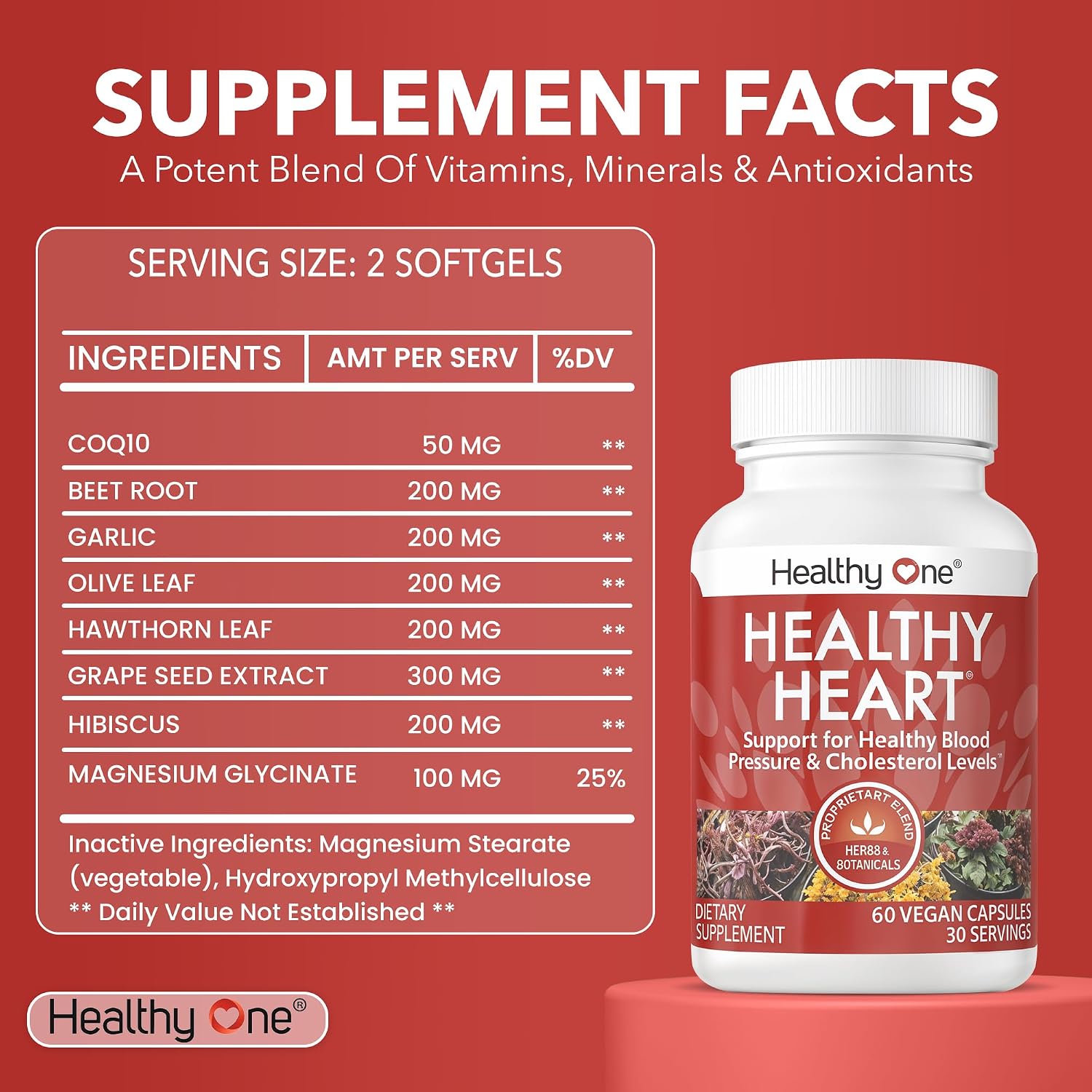 Healthy Heart - Healthy Cholesterol Circulation & Blood Pressure - 60ct | Fights Plaque, Supports Normal LDL & HDL, Artieries, Circulation, Contains CoQ10, Beet Root, Garlic, Olive Leaf And More