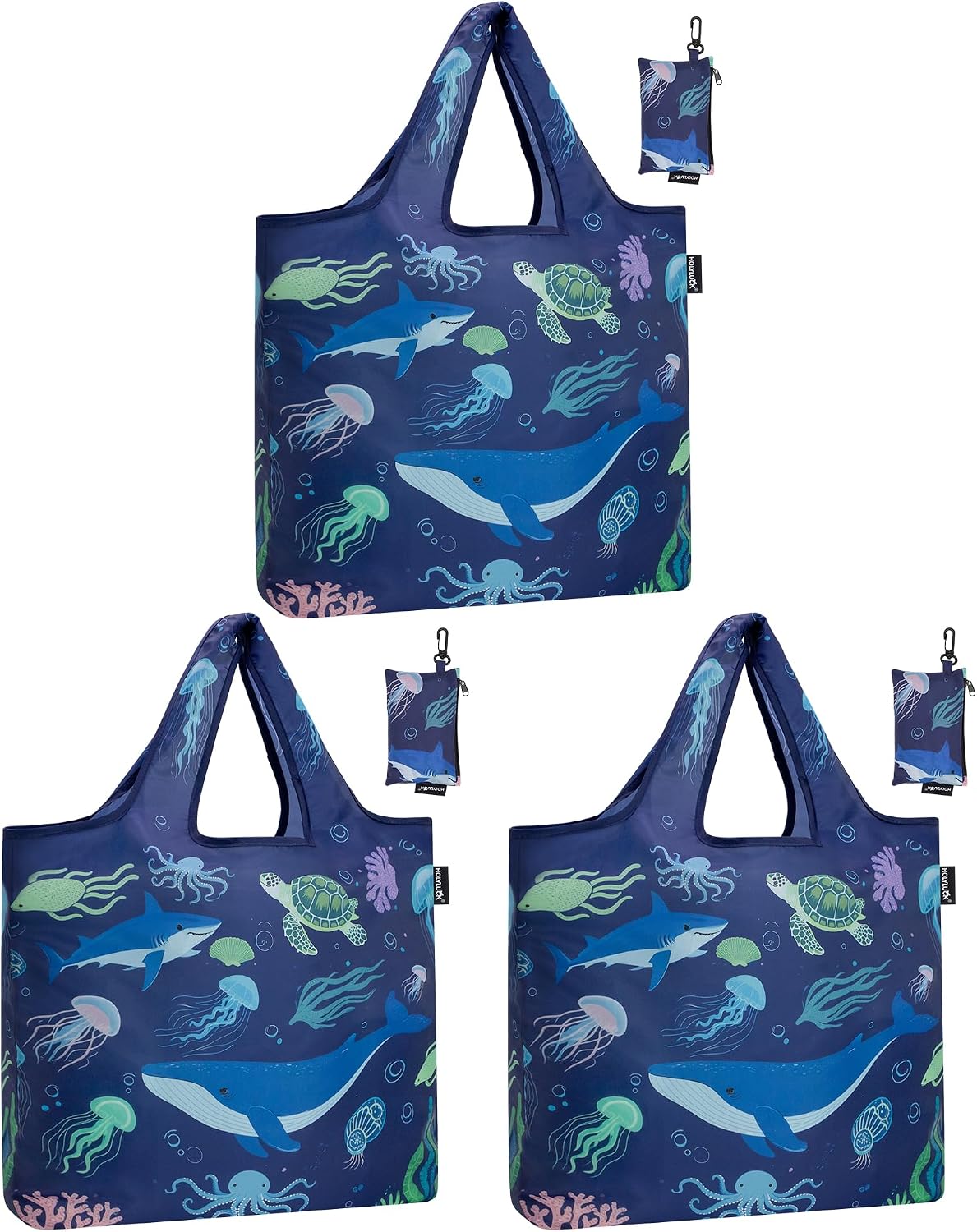 HOLYLUCK Reusable Grocery Bags,Heavy Duty Foldable Shopping Tote Bag (Standard, 3 Blue Geometric Flowers)
