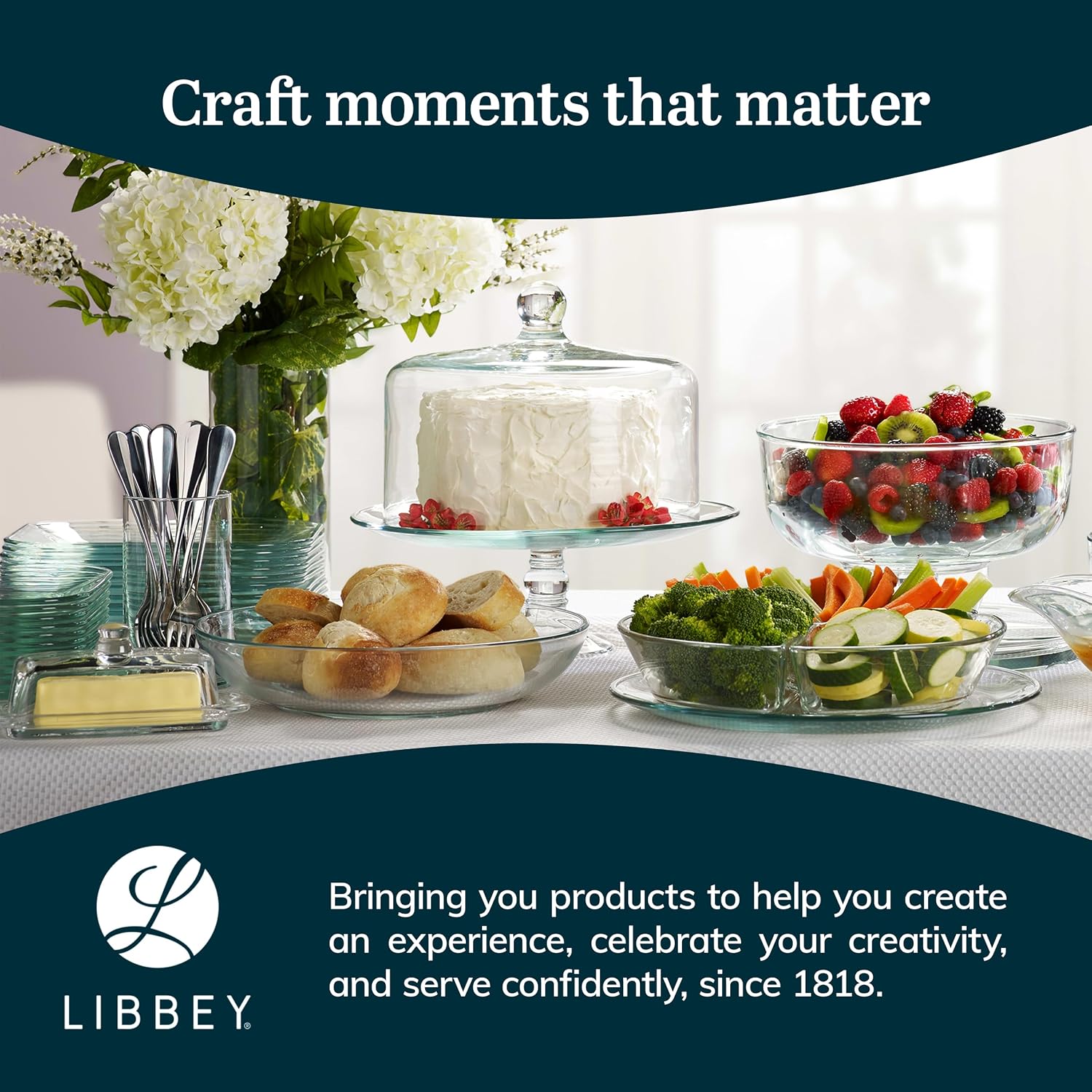 Libbey Selene 6-in-1 Domed Cake Stand, Unique Space Saving Glass Cake Stand with Dome, Multi-Purpose Dip Bowl To Serve Snacks and More