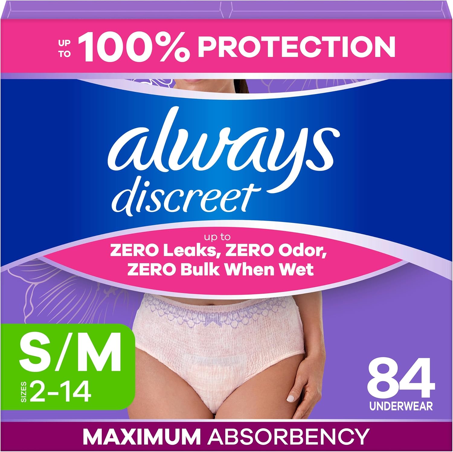 Always Discreet Adult Diapers for Women, Incontinence Underwear, Postpartum Essentials, Disposable Briefs, Max Absorbency, Bladder Leak Protection, Small/Medium, 32ct