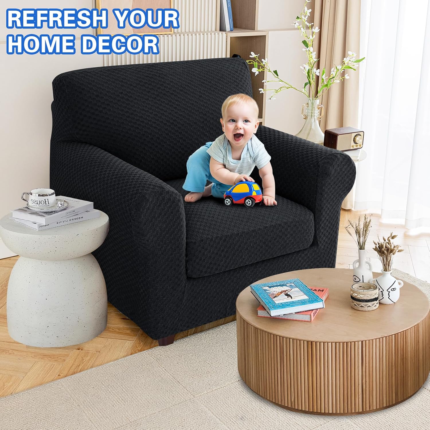 MAXIJIN Latest Recliner Slipcovers for Living Room 4 Pieces Stretch Jacquard Recliner Chair Cover Soft Fitted Recliner Protector with Elastic Bottom