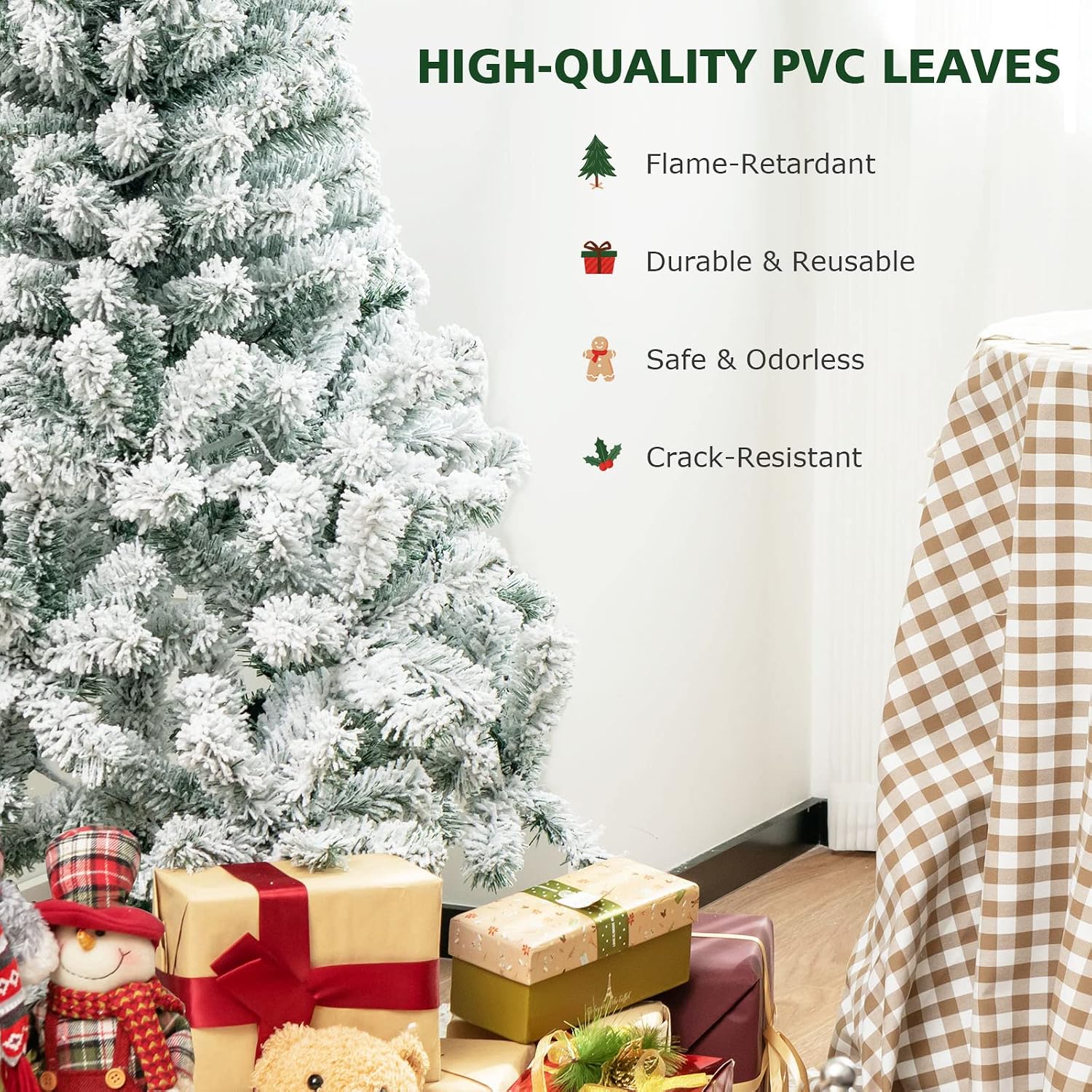 Goplus 7.5ft Pre-Lit Artificial Christmas Tree, Premium PVC Snow Flocked Hinged Pine Tree with Metal Stand and LED Lights