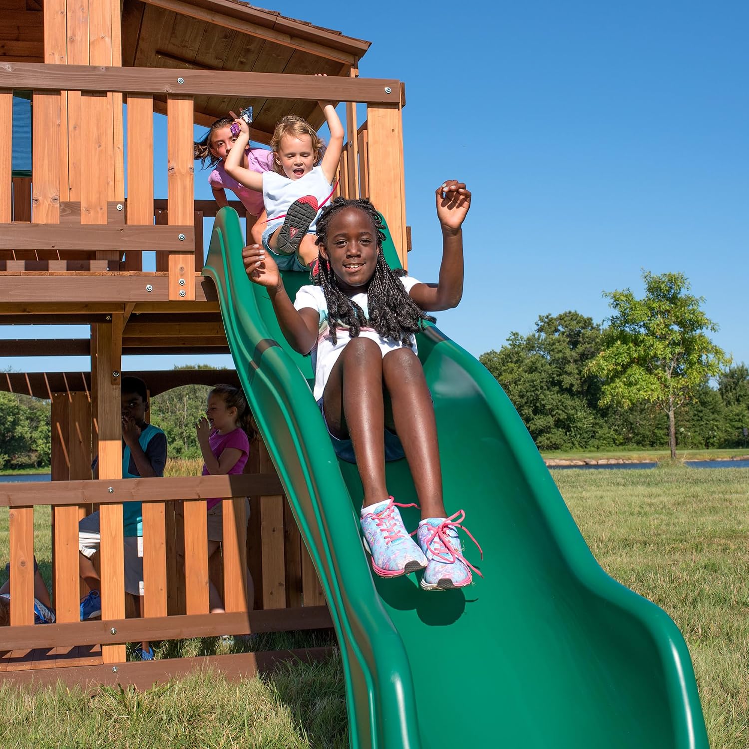 Backyard Discovery Woodridge Elite Cedar Wood Swing Set with Wave Slide, Clubhouse, Crawl Tunnel, Crow's Nest, Belt Swings, Trapeze, Rock Wall Ladder