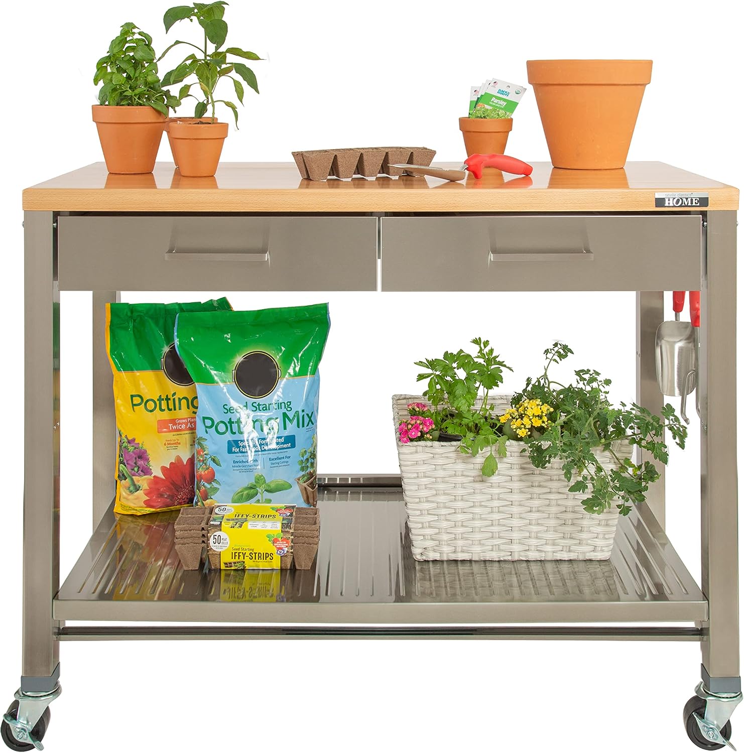 Stainless-Steel Commercial-Grade NSF-Certified Prep Table Cart, 24"W x 20"D | Heavy-duty durable utility workstation supports up to 450 lb w/ adjustable wire shelf and sliding basket on locking wheels