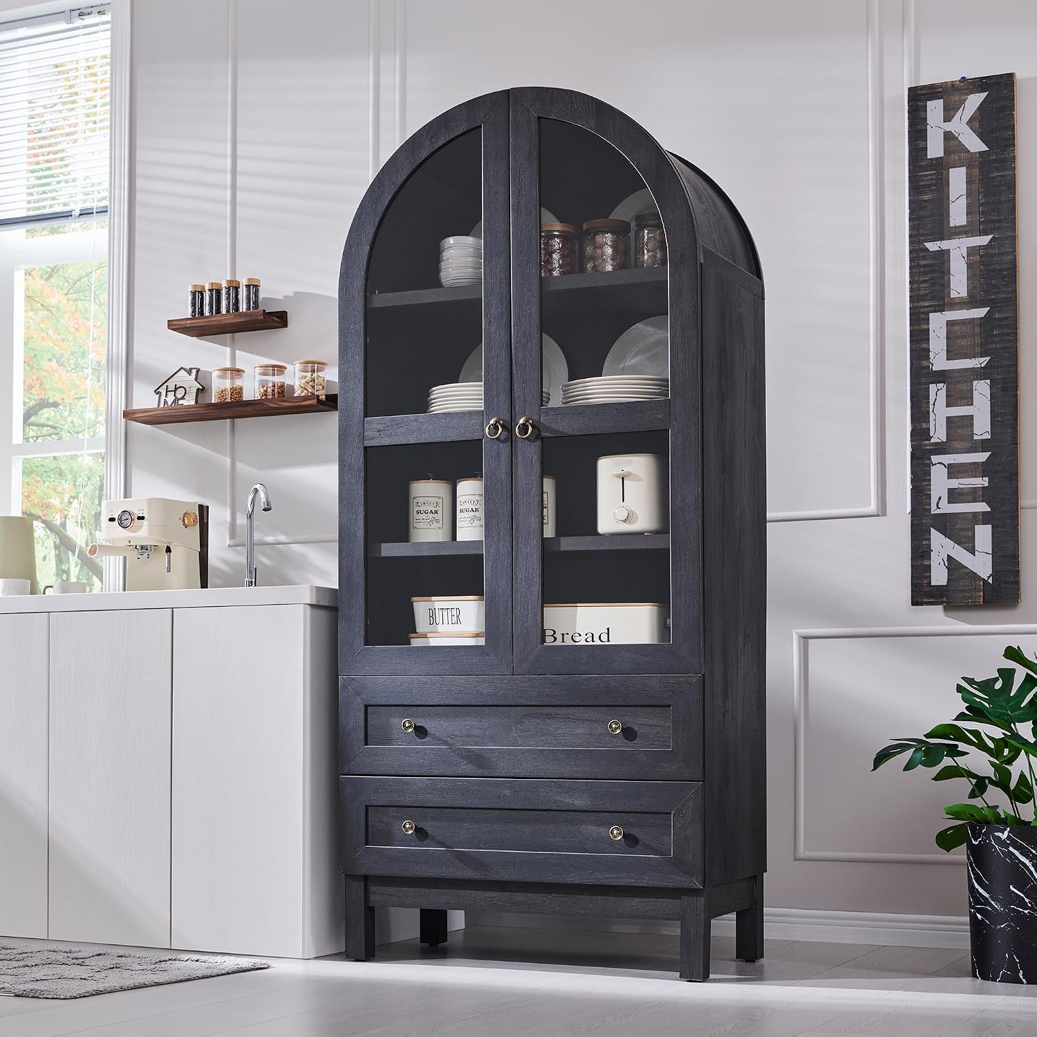 IFGET 71" Tall Arched Kitchen Pantry, Modern Farmhouse Wood Kitchens Storage Cabinets with 2 Large Drawers and Adjustable Shelves, Versatile Cupboard for Kitchen, Dining Room, Bathroom, Natrual