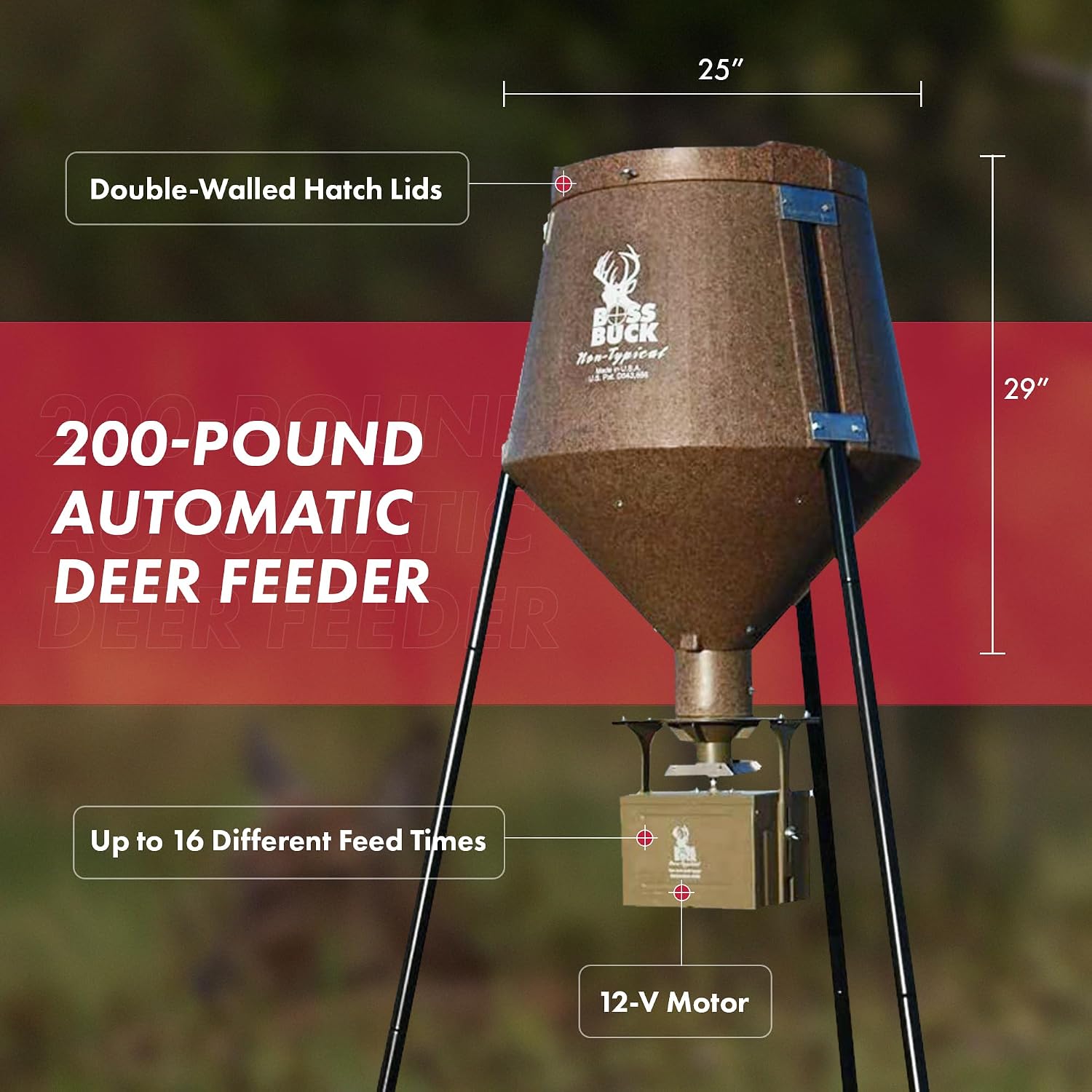 BOSS BUCK 200 LB Deer Feeder/Hunting Durable Lightweight Plastic UV Protected Waterproof Game Feeder with 12V Spinner Automatic Delivery System & Multi-Piece Legs