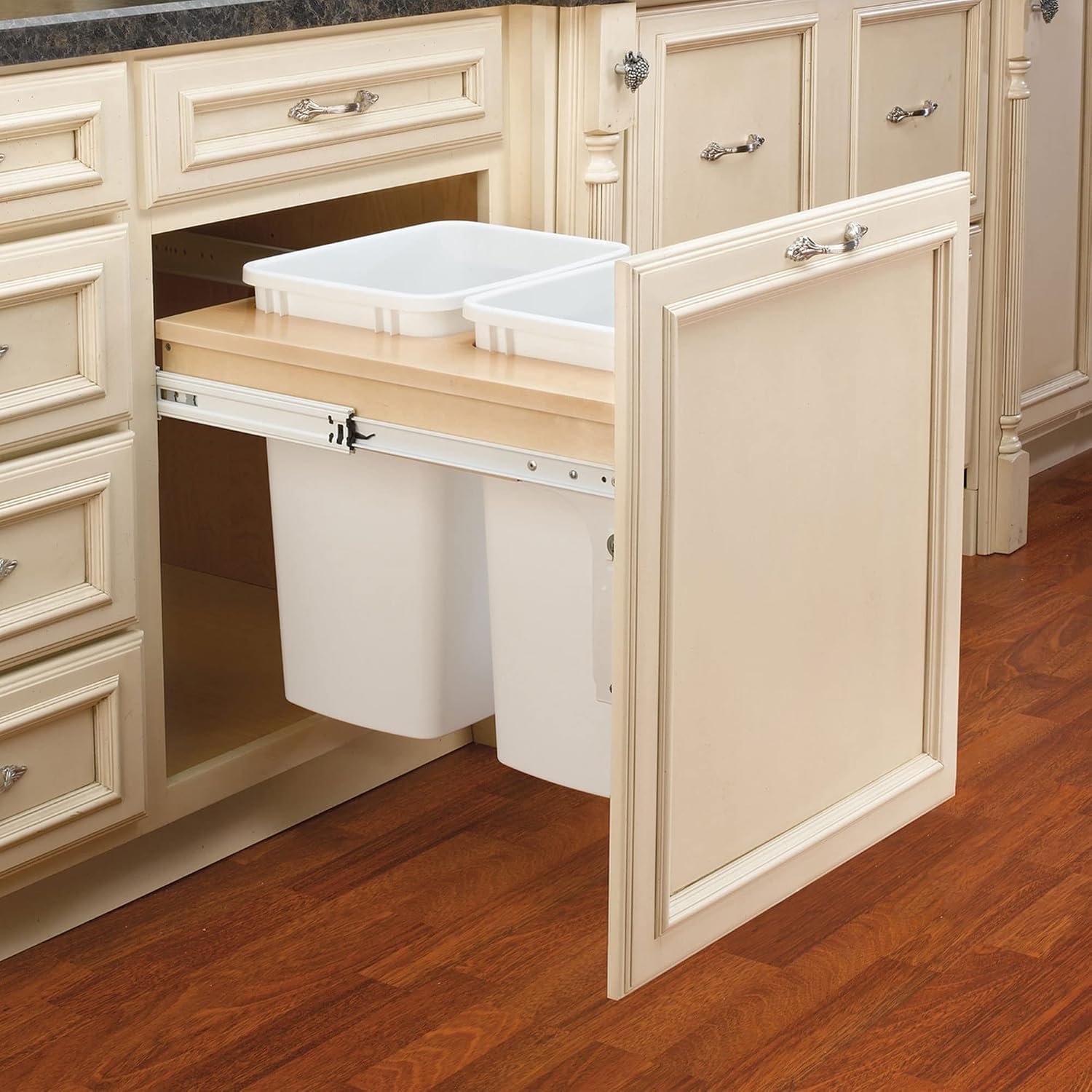 Rev-A-Shelf 35 Qt Top Mount Double Pullout Under Cabinet Kitchen Trash Cans for Base Cabinets, 150 Pound Rated Full-Extension Slides, Min Opening Width of 14.75", White, 4WCTM-18DM2-162