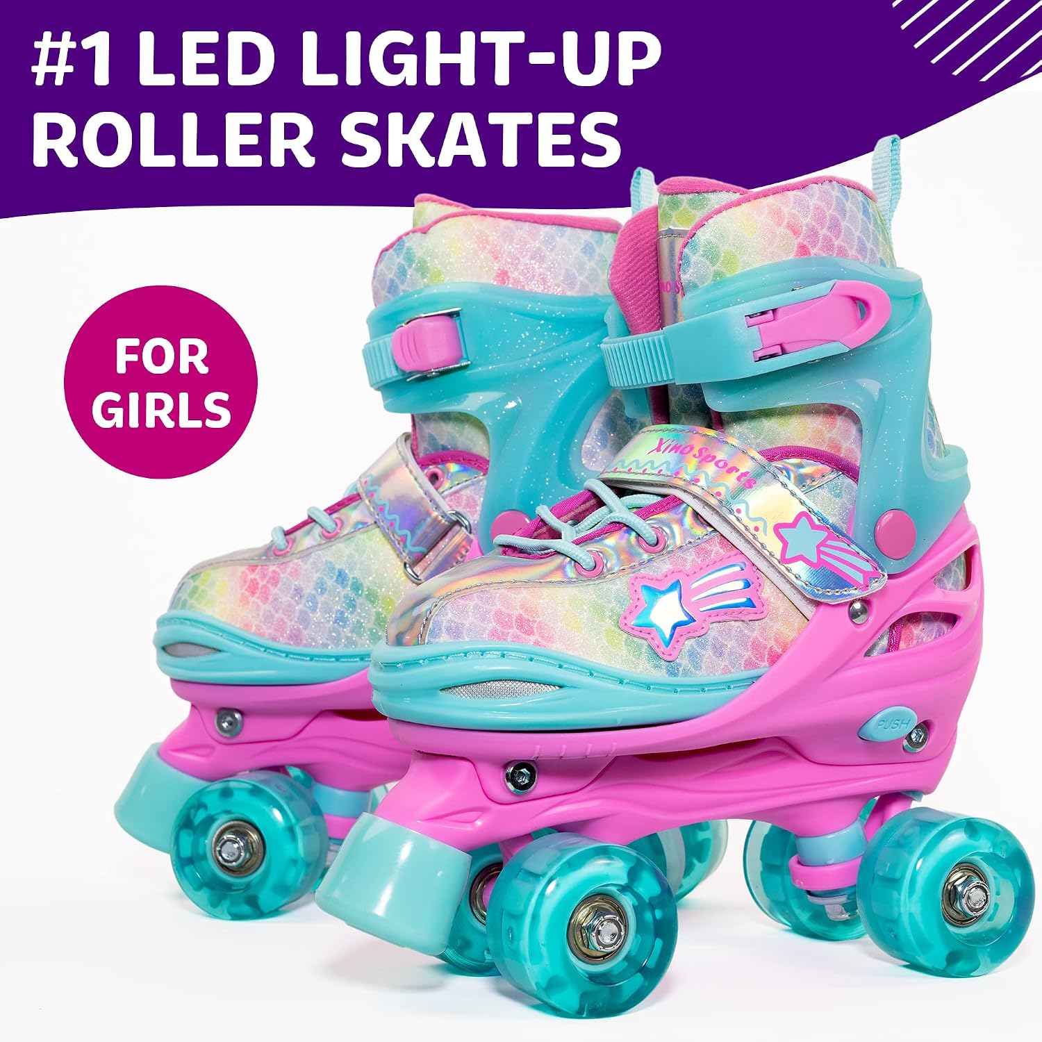 XinoSports Kids Adjustable Roller Skates for Girls & Boys with Light Up Wheels (Ages 5-20) – Roller Skates with Illuminating Wheels