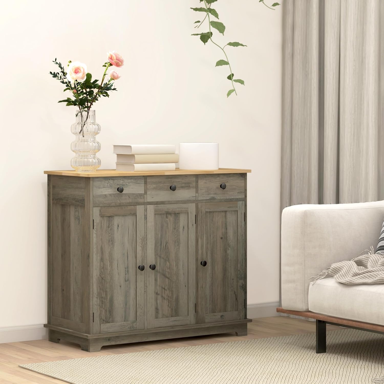 HOMCOM Sideboard Buffet Cabinet Solid Wood Countertop White