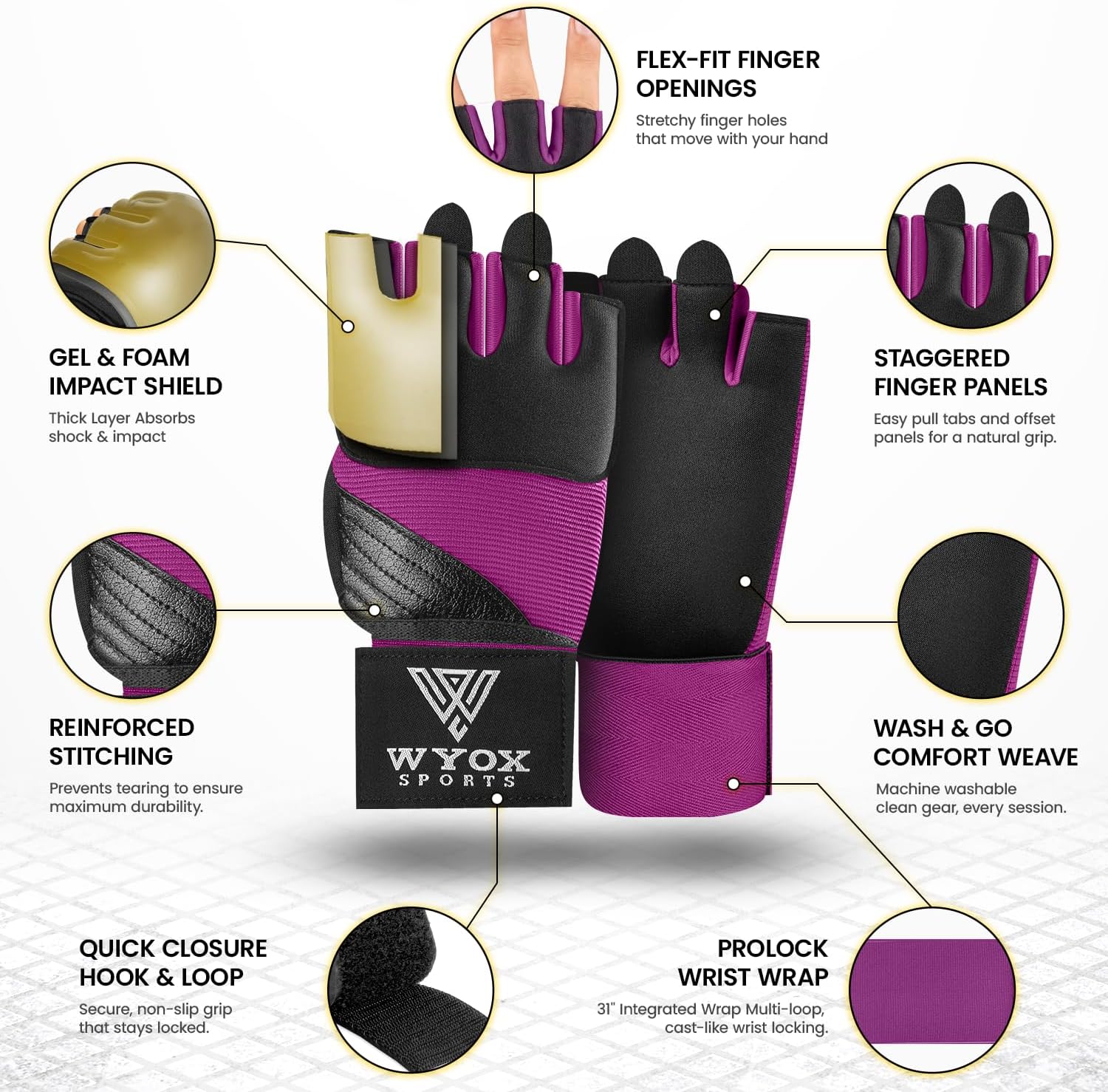 WYOX Neoprene Gel Boxing Hand Wraps Inner Gloves for Men & Women – 80cm/31in Quick Wrist Strap, Padded Knuckle Protection