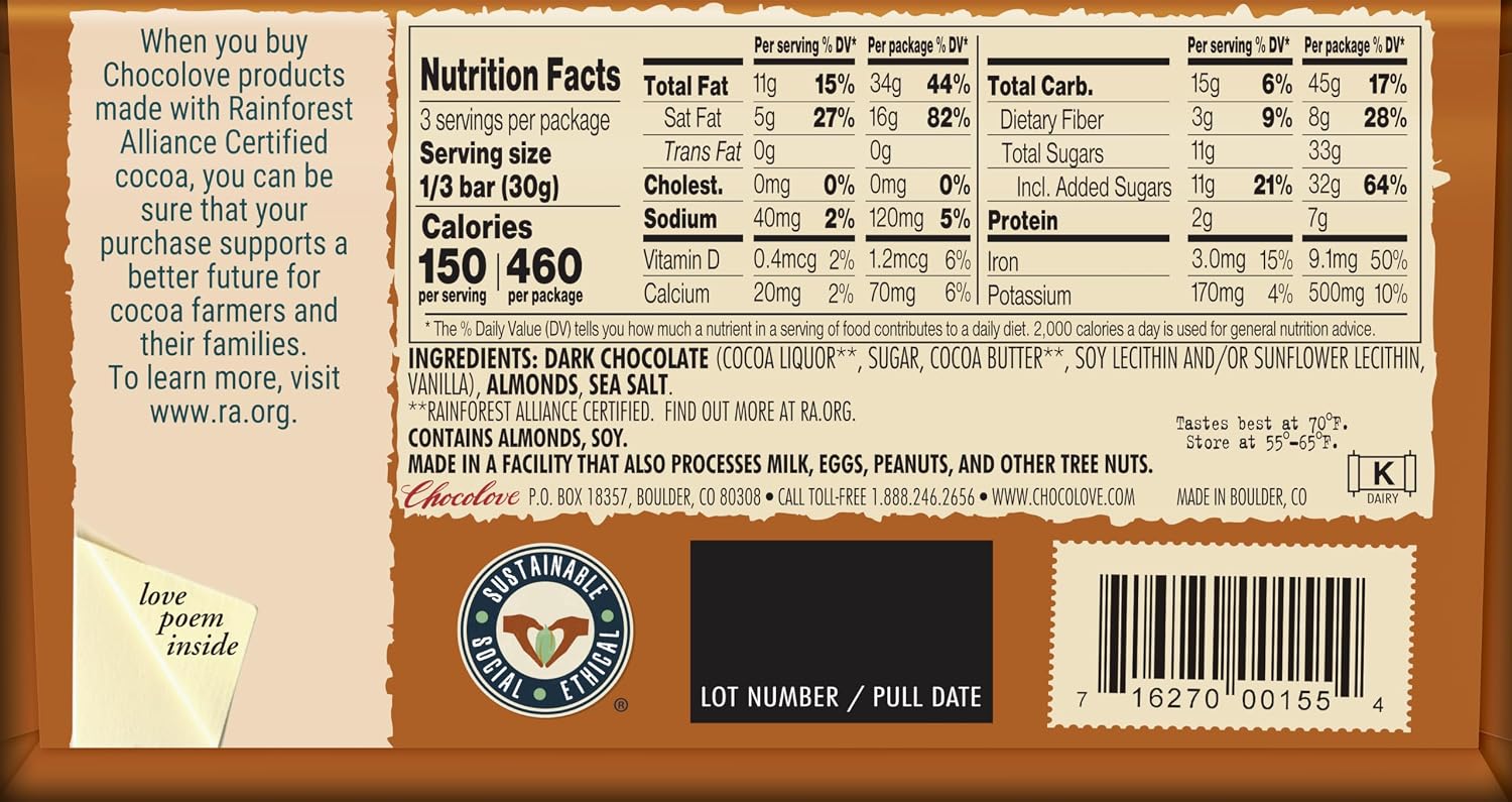 Chocolove Almonds and Sea Salt in Dark Chocolate, 3.2 oz