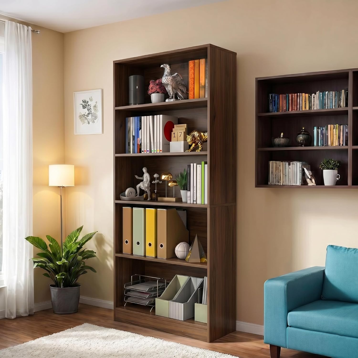 holzart 71" Tall Book Shelf, 5 Tier Large Bookshelf, Standing Wood Display Book Shelf for Living Room, Office, Library with Doors, 31.5" W x 70.87" H x 11.81" D, White