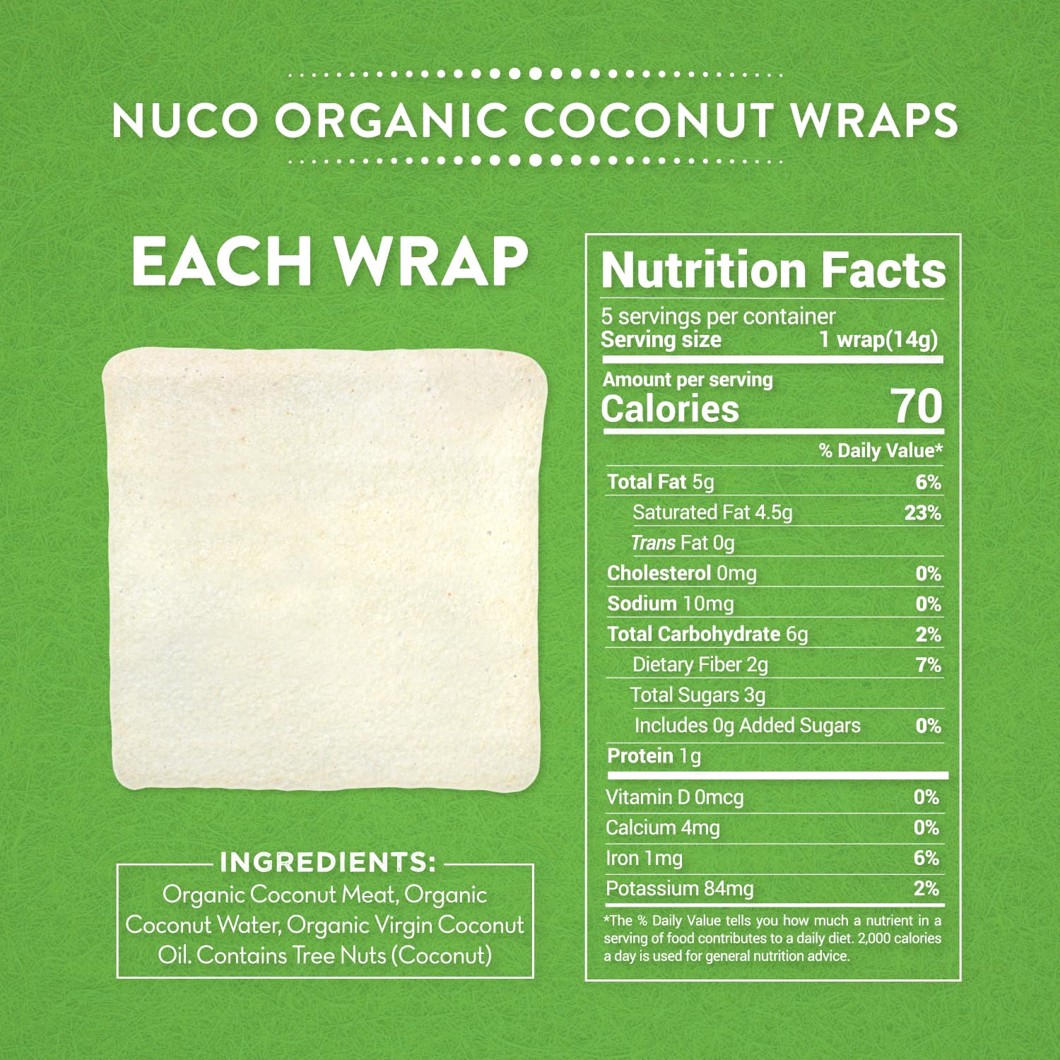 NUCO Organic Coconut Wraps, Original - Gluten Free, Low Carb, Vegan, 10 Ct | Paleo, Non-GMO, Dairy-free, Kosher, No Salt Added, Yeast-free