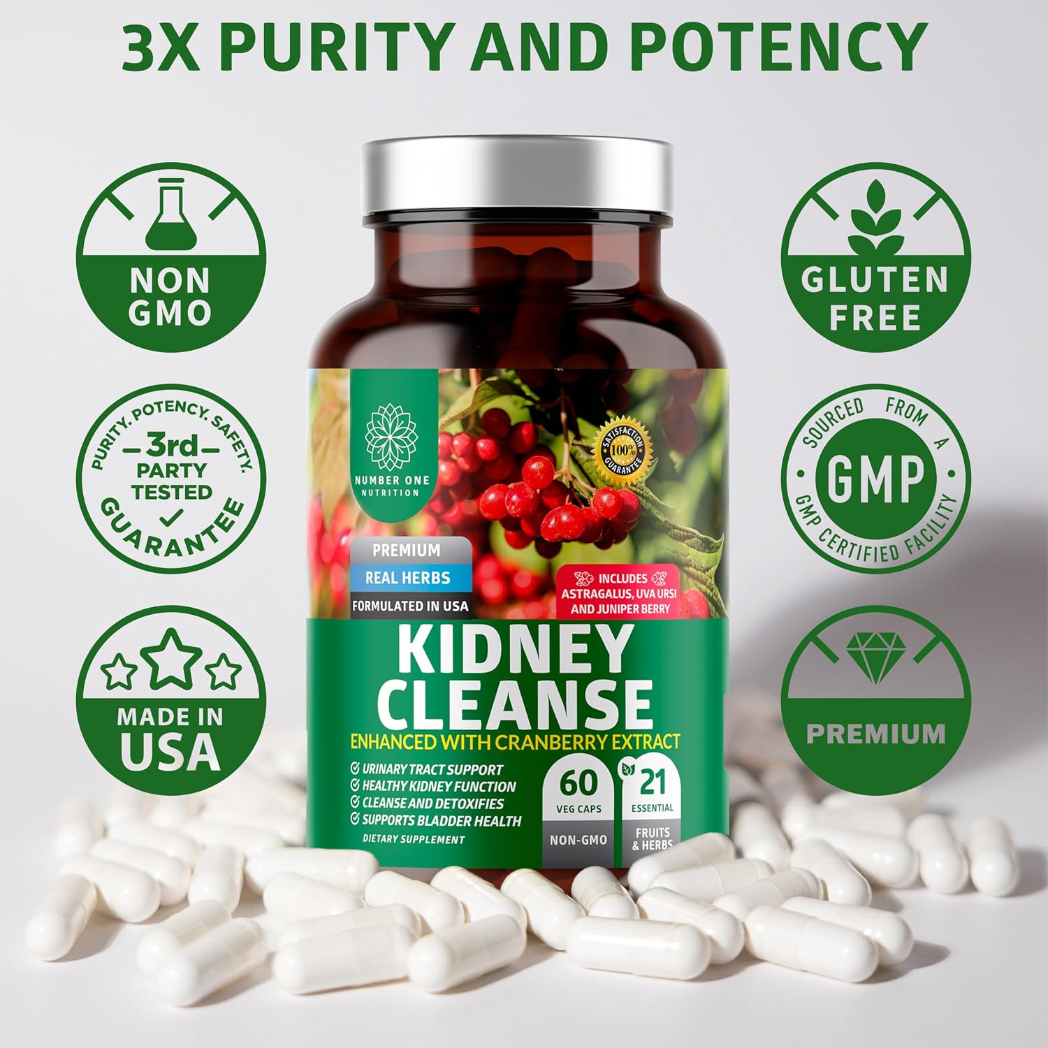 Kidney Support 21 Herbs with Cranberry Astragalus Uva Ursi, 60 Caps
