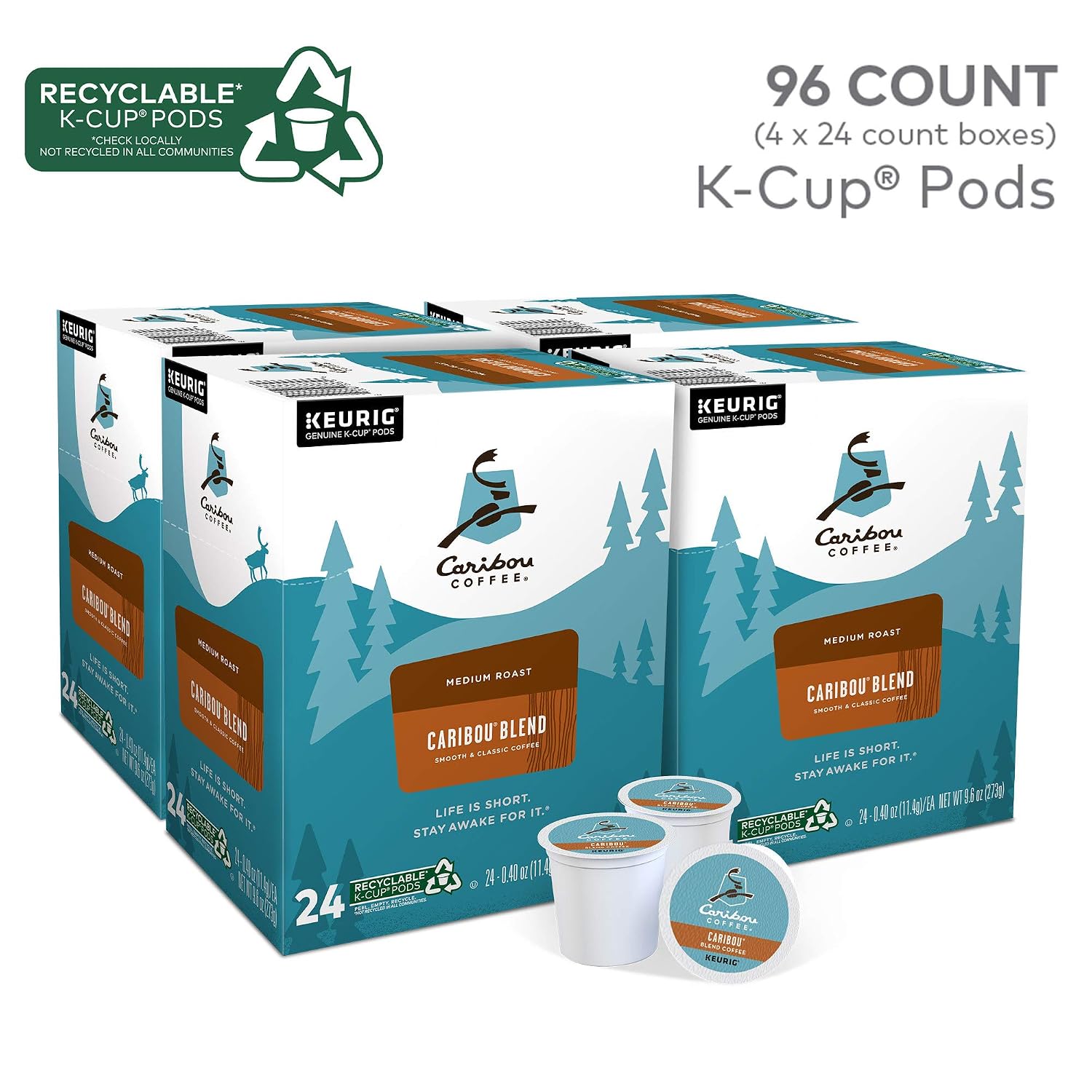 Caribou Coffee Caribou Blend, Single-Serve Keurig K-Cup Pods, Medium Roast Coffee, 24 Count (Pack of 4) | 4 Pack, Medium Roast Coffee