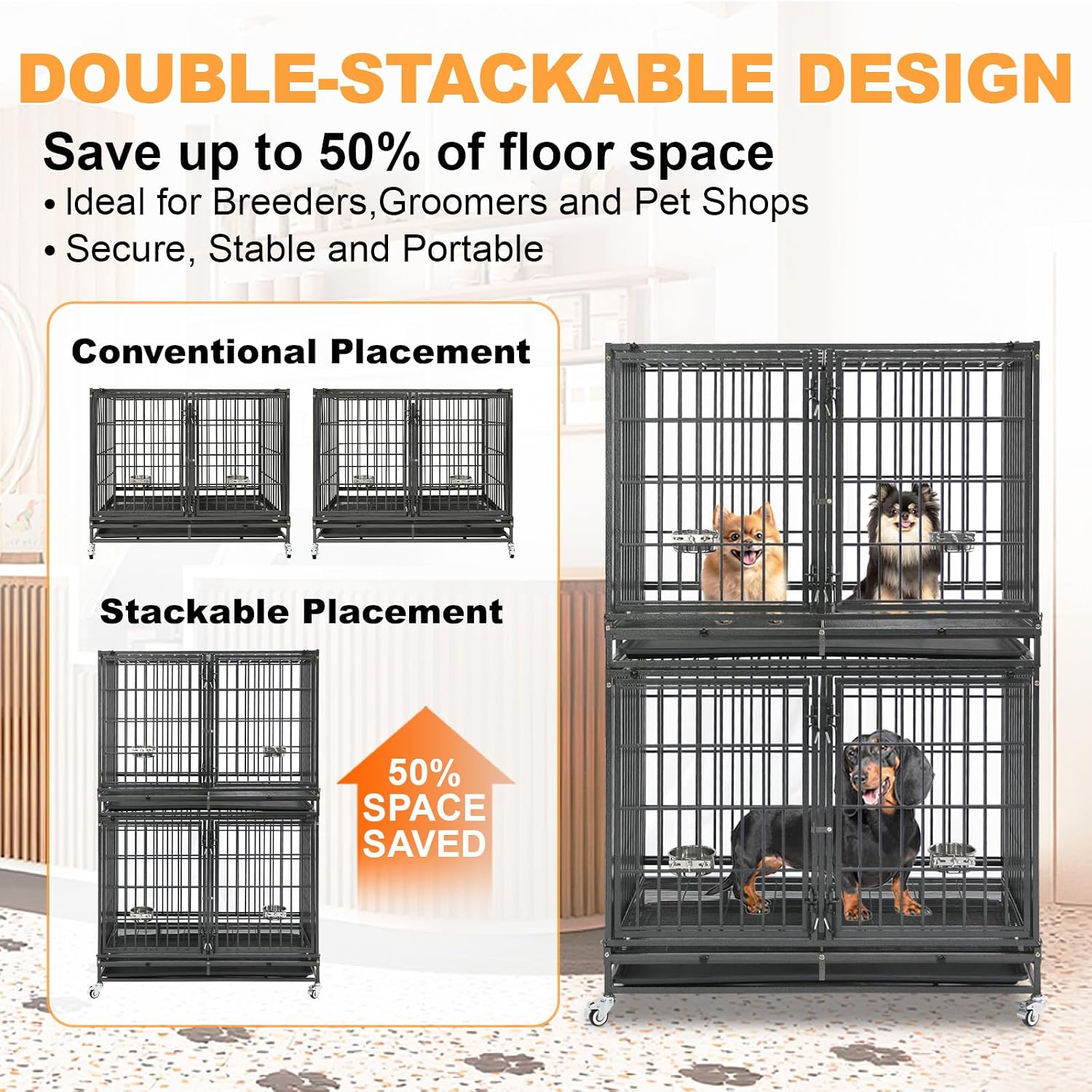 Homey Pet Taller 43" Heavy Duty Double Dog Crates with Divider & Dual Door | Drop Cage for Dogs with Lockable Wheels, Bowls, Removable Tray, Top Access, Ideal for Small to Medium & Large Dogs, Breeders