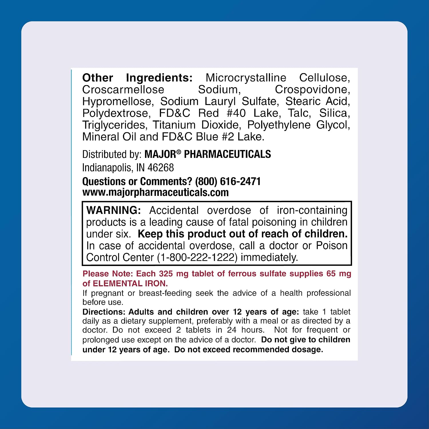 Major FeroSul - Ferrous Sulfate 325 mg Tablets - Iron Supplement for Women and Men - Specially Coated Easy-to-Swallow Tablets - Red - 1000 Count