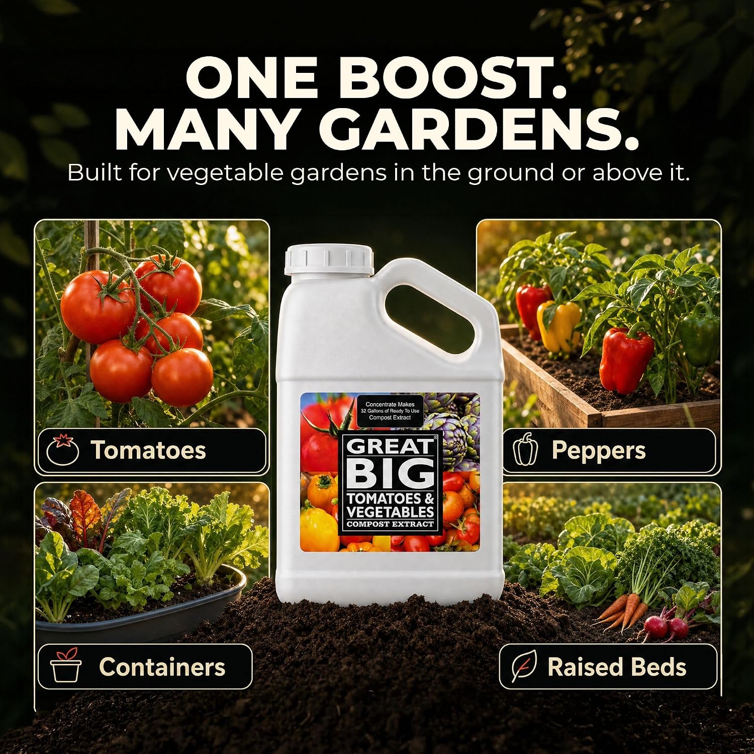 Great Big Tomatoes and Vegetables Liquid Fertilizer Booster - Organic Soil Conditioner, Liquid Compost Extract with Humic Acid, Fertilizer Activator for Big Vegetable Yields, 70 Minerals - 32 Ounce