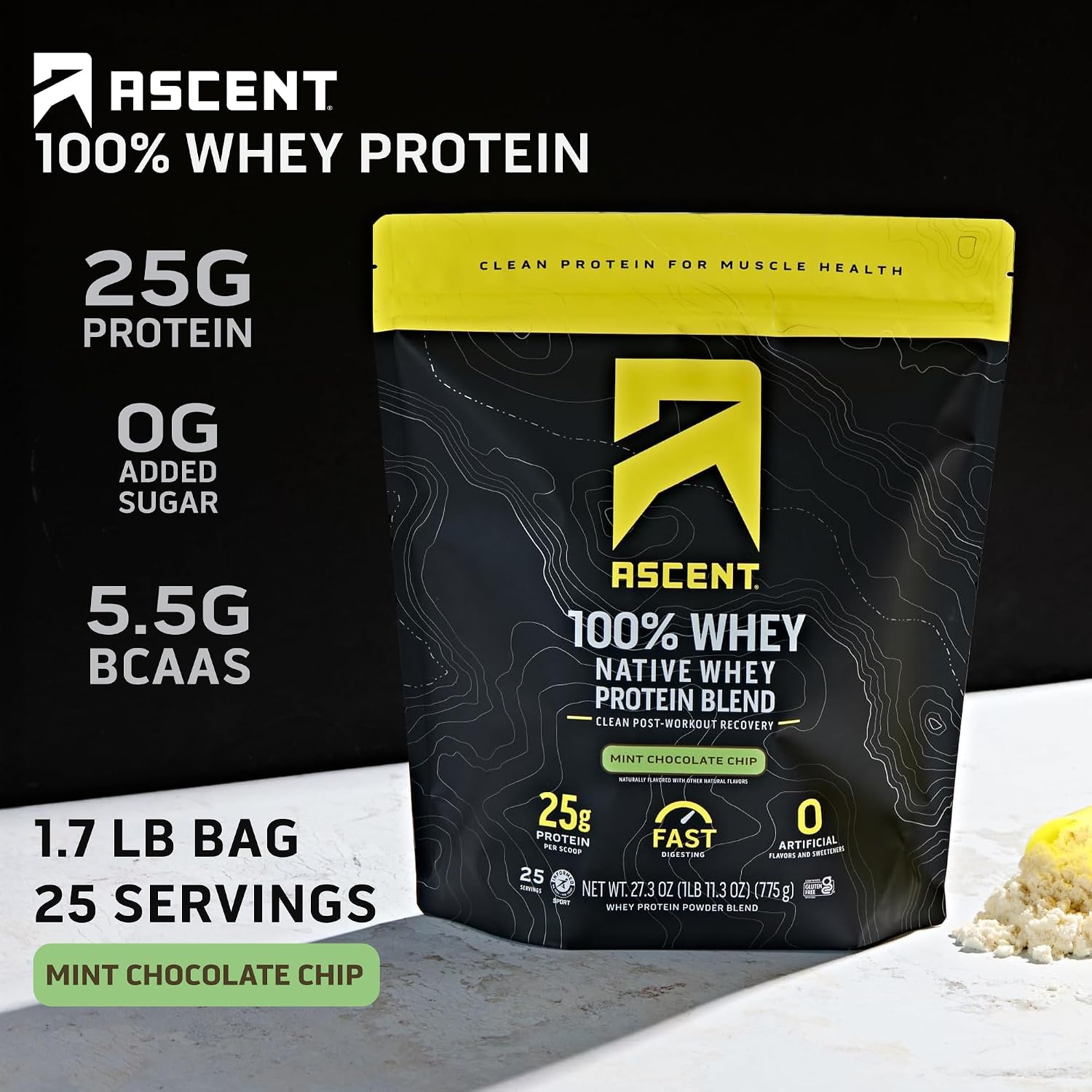 Ascent 100% Whey Protein Powder - Post Workout Whey Protein Isolate, Zero Artificial Flavors & Sweeteners, Gluten Free, 5.5g BCAA, 2.6g Leucine, Unflavored 2 lb