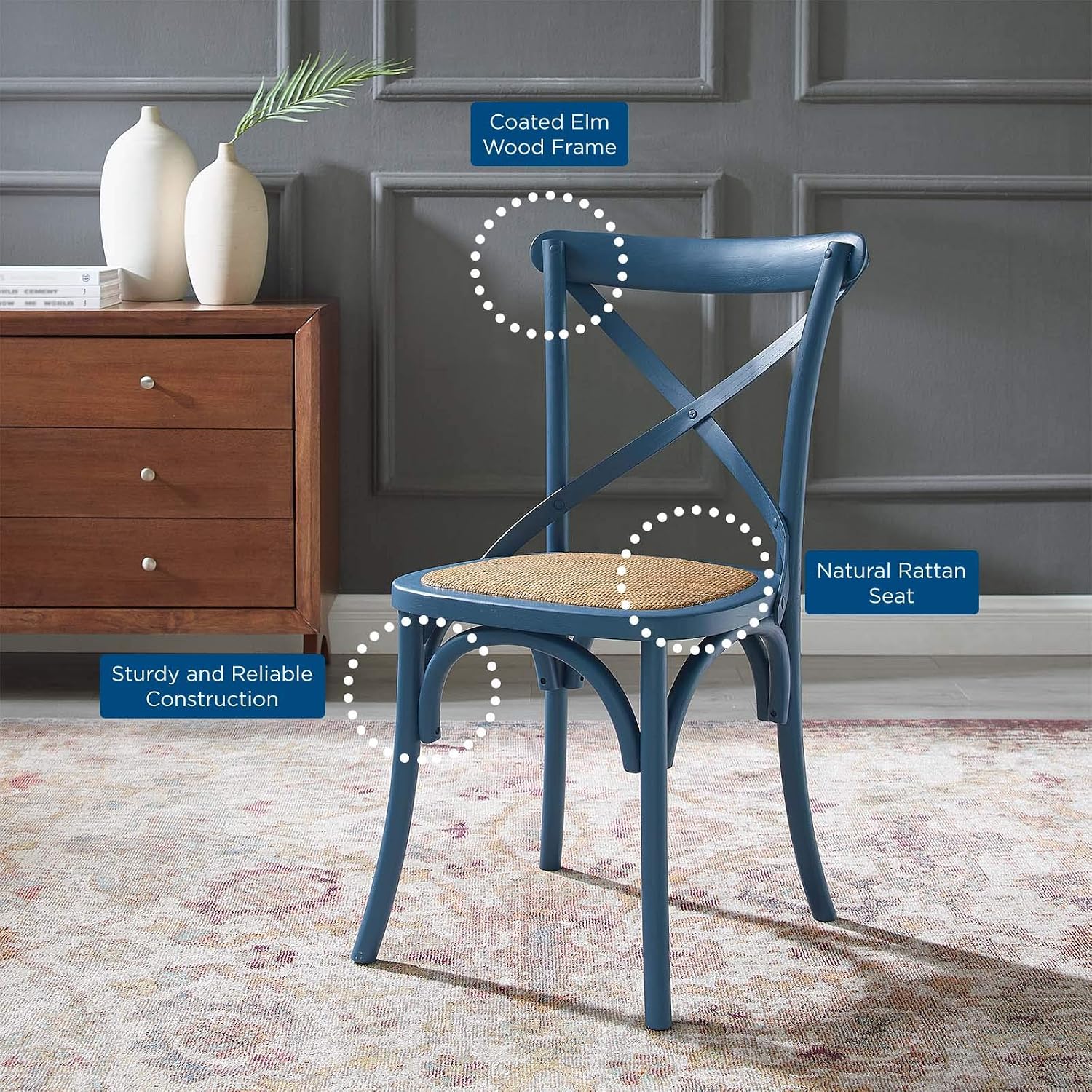 Modway Gear Rustic Modern Farmhouse Elm Wood Rattan Dining Chair in Gray