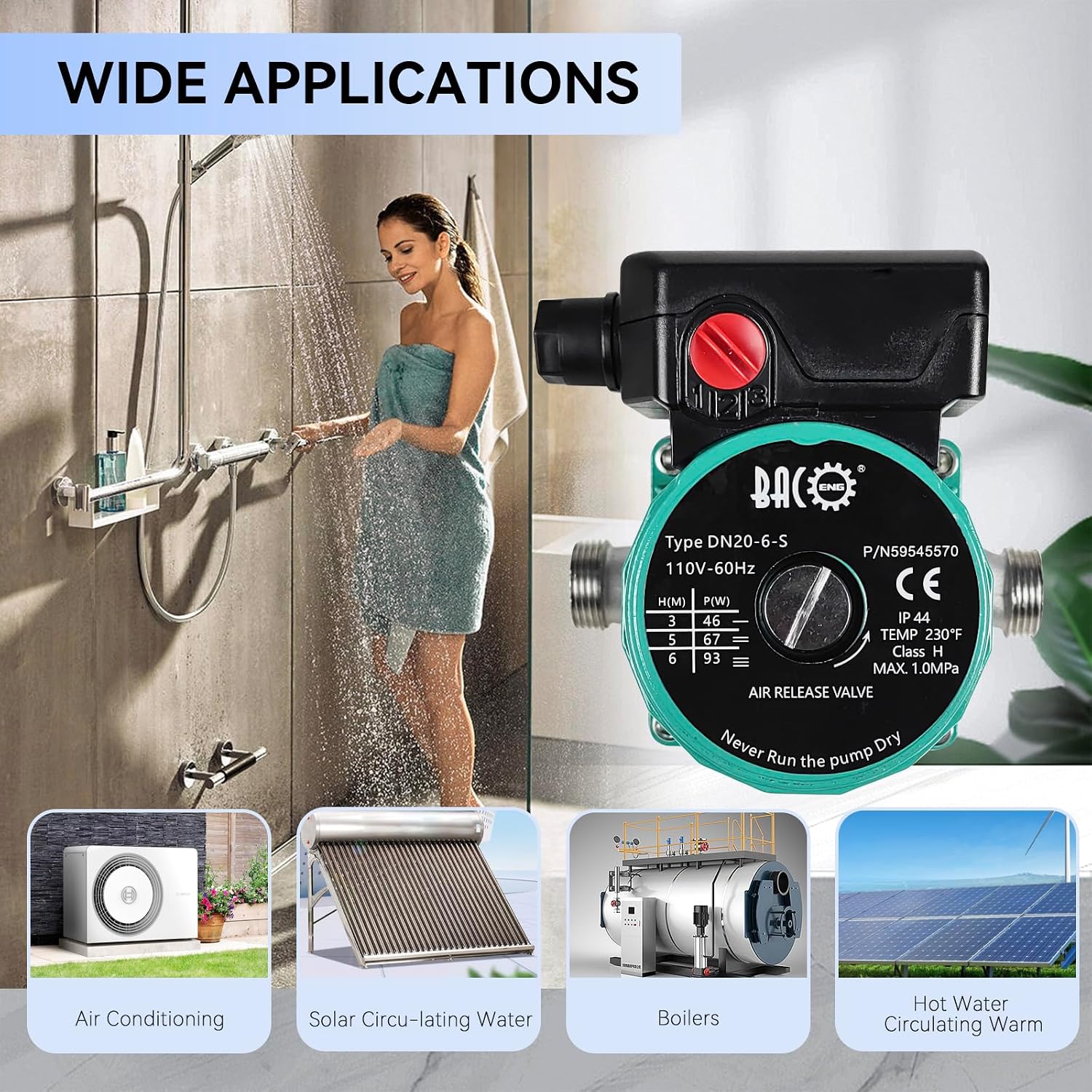 BACOENG Hot Water Recirculating Pump, Stainless Steel Head, Circulation Pump NPT 3/4", 3-Speed Control, Circulating Pump for Water Heater System