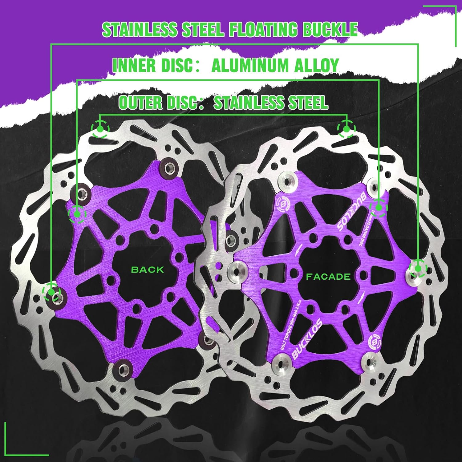 BUCKLOS 160mm 180mm 203mm Floating Disc Brake Rotor, Stainless Steel MTB Brakes Rotors with 6PC Bolts