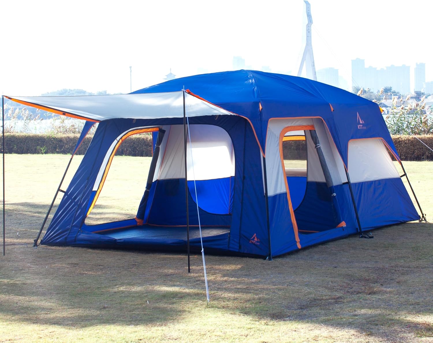 KTT Extra Large Tent 12-14 Person, Family Cabin Tents, 2 Rooms, Straight Wall, 2 Doors 4 Windows with Mesh, Waterproof, Double Layer