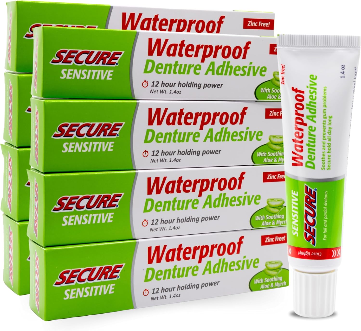 Secure Denture Adhesive Cream, Zinc Free Denture Glue, 1.4 oz | Waterproof Seal - Food Grade Ingredients - Less Adhesive, More Hold - Tube Lasts Up to 8 Weeks