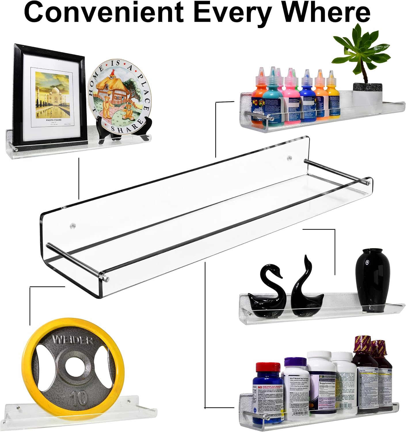 AMT 2 Pack Acrylic Floating Shelves, 15" L x 4" W, Clear Bathroom Wall, Bookshelves, Invisible Display for Office, Bedroom