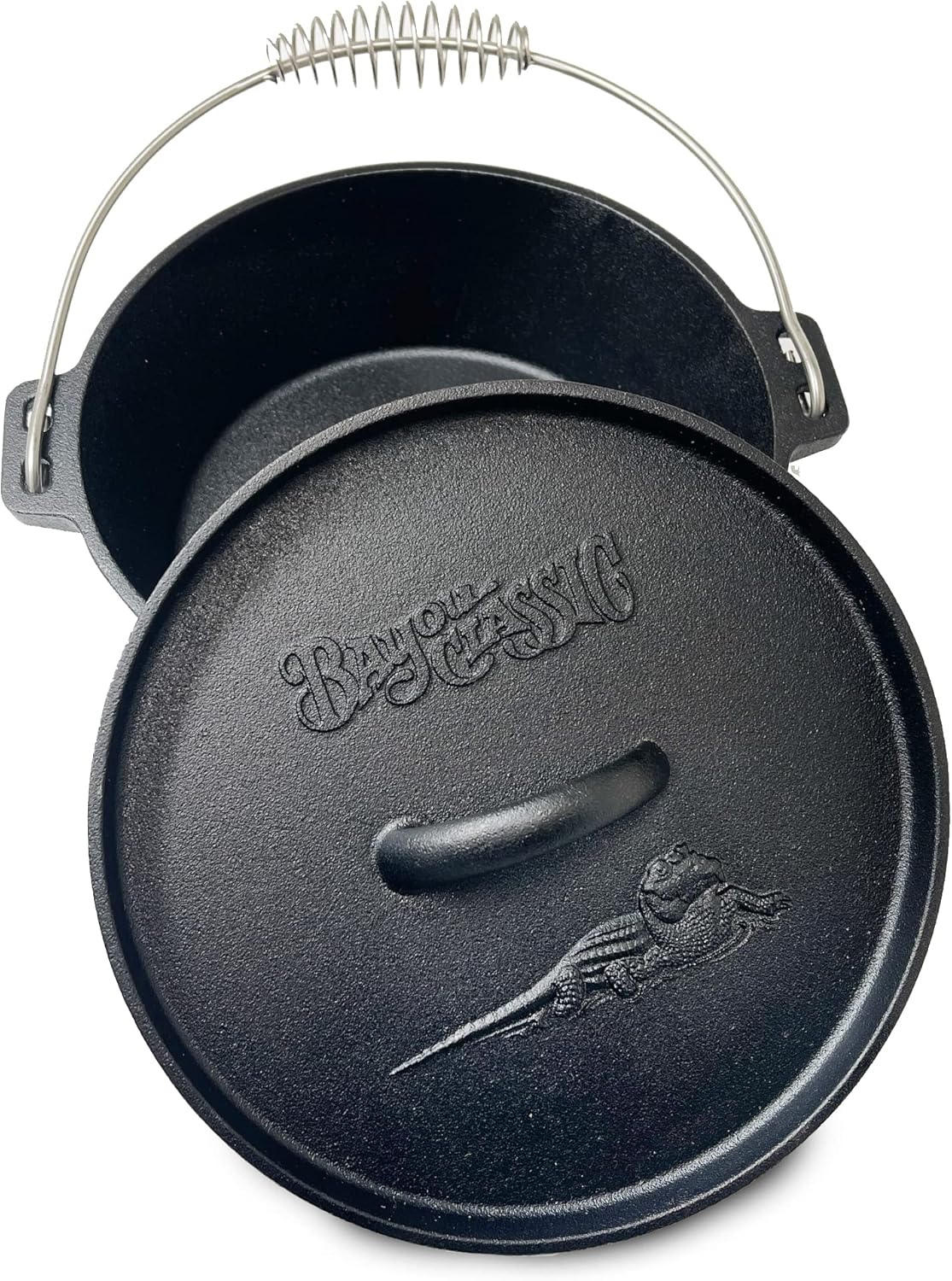 Bayou Classic 7402 2-qt Cast Iron Dutch Oven Features Flanged Camp Lid Stainless Coil Wire Handle Grip Perfect To Use Over A Campfire To Prepare
