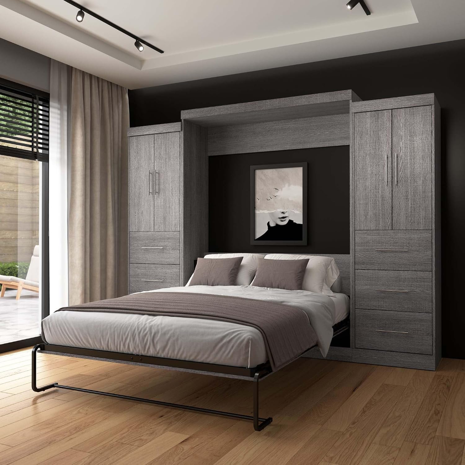 Bestar Nebula Queen Murphy Bed with 2 Wardrobes (115W) in White, Sleeping Arrangement and Closet Organizers for Multipurpose Room | 2 Wardrobes; supports up to 1000 lb; min. ceiling height 91.1 in.; dual piston mechanism; 10-year warranty