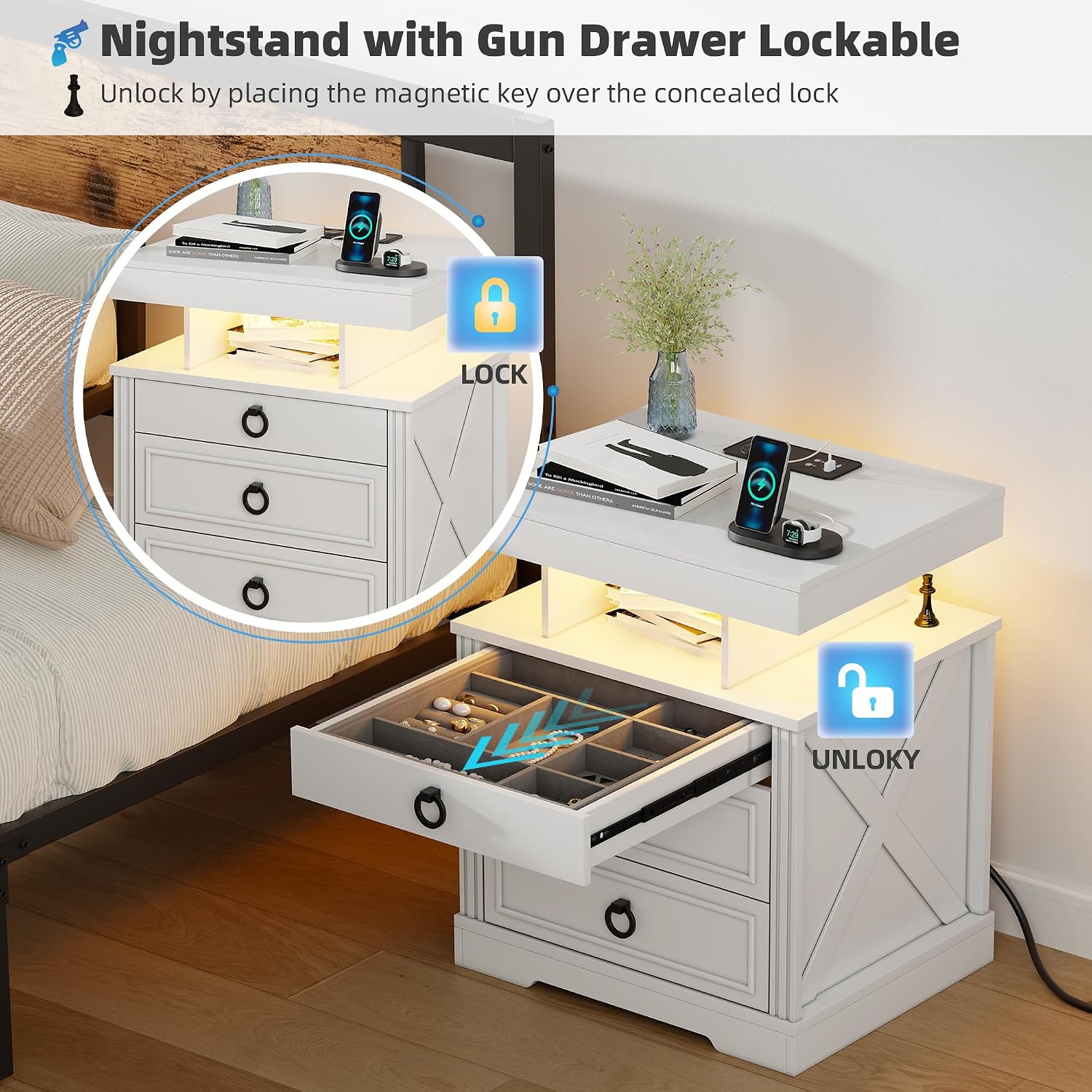 Smart LED Nightstand with Lockable Gun Drawer & Glass Top（Black） | Modern Bedside Table with Charging Station and Hidden Storage, LED Night Stand with 4 Drawers & Motion Sensor for Bedroom