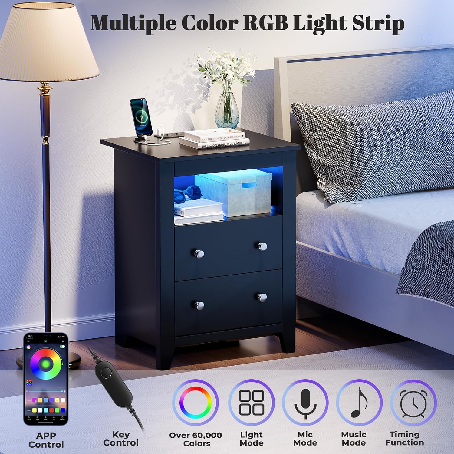 Black Nightstand with Gun Drawer, Night Stand with Charging Station & LED Lights, Bedside Table with Tray & 2 Drawers, End Side Table with Hidden Compartment for Valuables Storage
