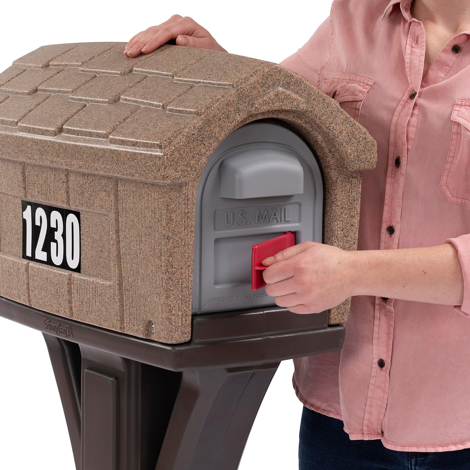Simplay3 Rustic Home Plastic Residential Cabin Mailbox & Post Mount Combo Kit with 2 Access Doors - Sandstone, Made in USA