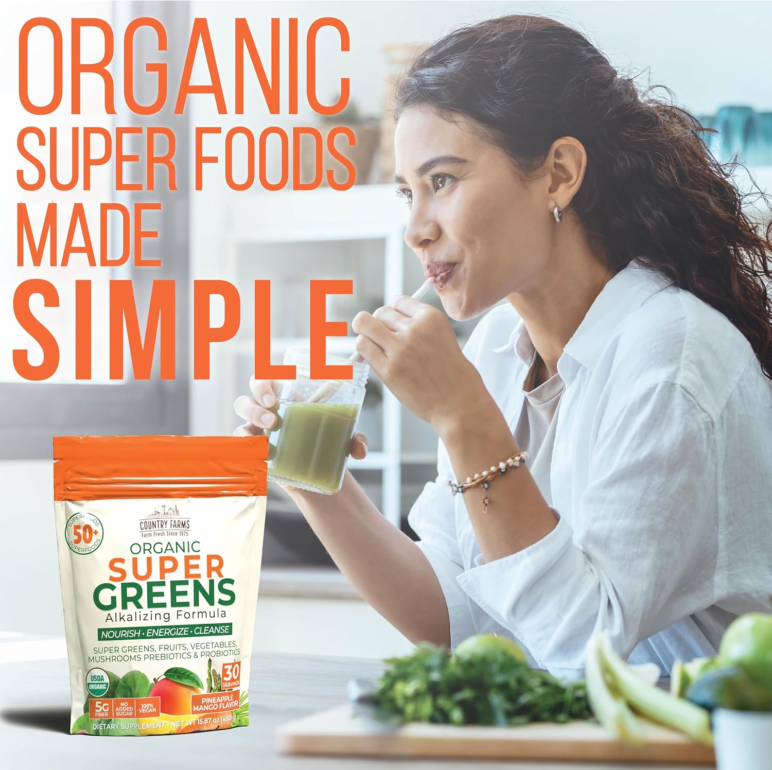 Country Farms Organic Super Greens Powder, Daily Greens Drink Mix with 50 Organic Superfoods, Fruits, Vegetables, Fiber, Mushrooms & Probiotics for Gut Health, Digestion & Energy, Berry Flavor