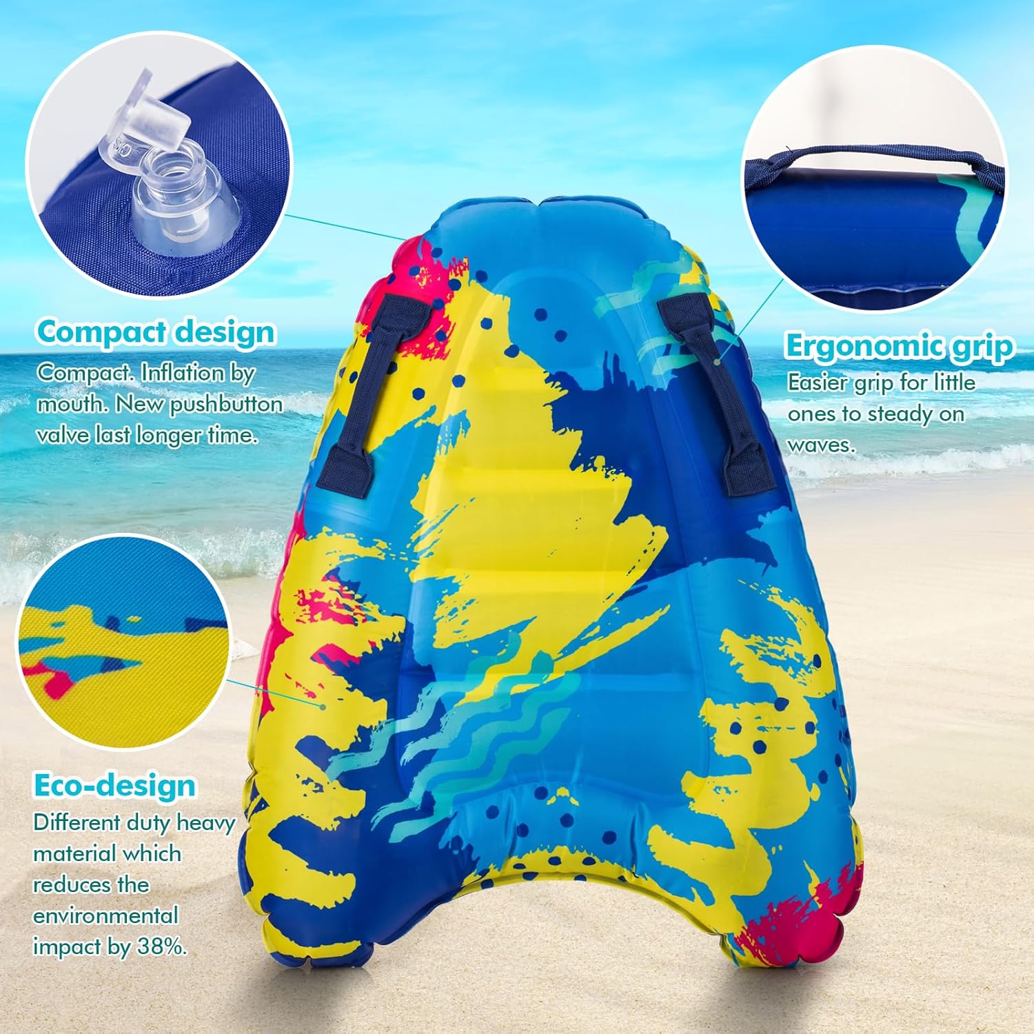 Inflatable Boogy Boards for Beach Travel Toys, 30” Cavas Slip Slide Water Park Body Surfing Board with Handles