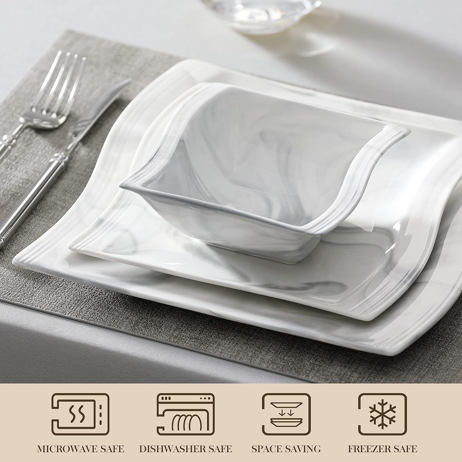 MALACASA Plates and Bowls Sets, 26 Pieces Ivory White Porcelain Dinnerware Sets without Mugs, Square Dinnerware with Dinner Plates, Bowls and Serving Platters, Modern Dish Set for 6, Series Flora