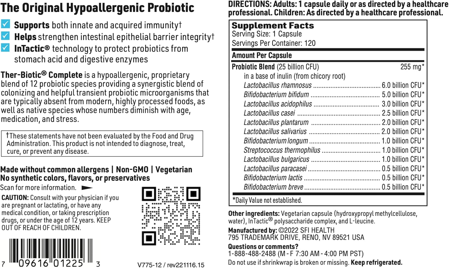 Klaire Labs SFI Health Ther-Biotic Complete, 60 Count | 12 Strain Probiotic Capsules for Digestive and Immune Support, 25 Billion CFU Gut Health Supplement, Hypoallergenic Formula