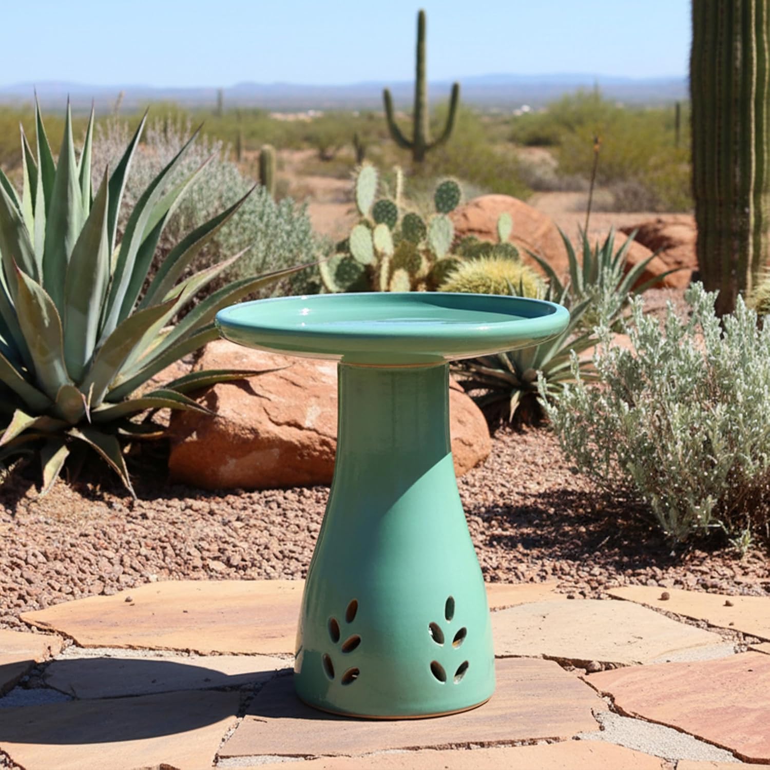 Sunnydaze Hand-Painted Ceramic Outdoor Bird Bath for Garden, 21” H, Seafoam