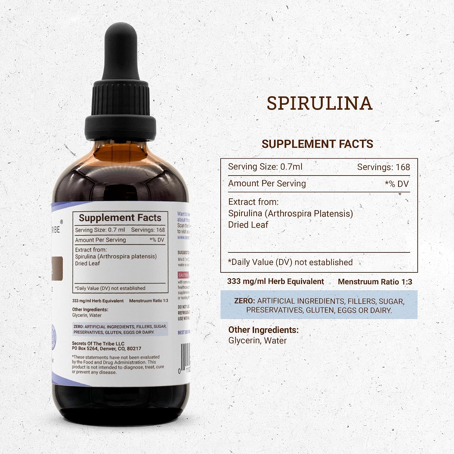 Secrets of the Tribe Spirulina Alcohol-Free Liquid Extract, Spirulina (Arthrospira Platensis) Tincture Supplement (2 FL OZ)