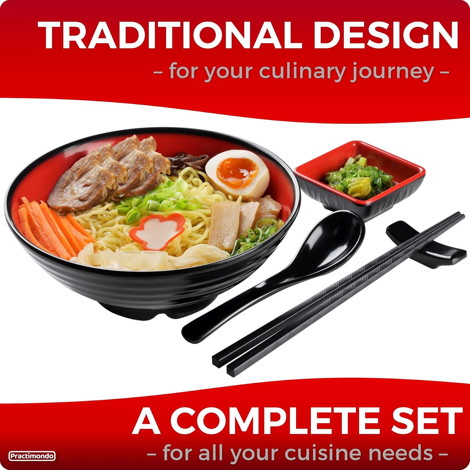 Unbreakable Ramen Bowl Set with Chopsticks and Spoon: 2 large Japanese Style Melamine Ramen Bowls